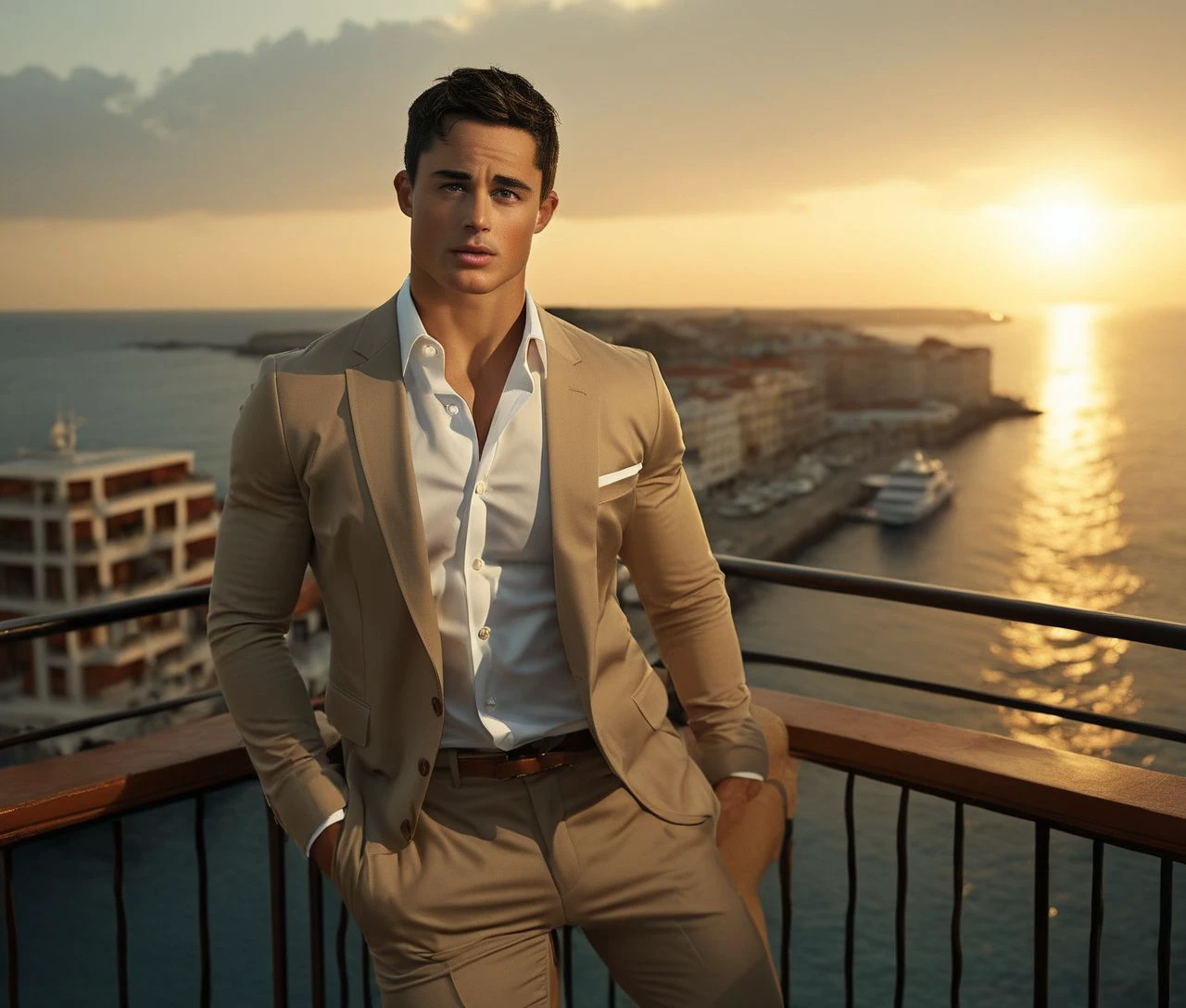 Nautical-themed (Photo:1.3) of (Ultrarealistic:1.3) <lora:Man_Men_FFashion:1> josh hartnett a man <lora:Pietro-Bossili_Josh-Hartnett:1> in a tan suit standing on a balcony, sun behind him, inspired by Pablo Munoz Gomez, shot at golden hour, editorial photograph, midshot of a hunky, by Roman Bezpalkiv, by Artur Tarnowski, maxim sukharev, by Gabor Szikszai,Highly Detailed,(Mono Color:1.3) . Sea, ocean, ships, maritime, beach, marine life, highly detailed