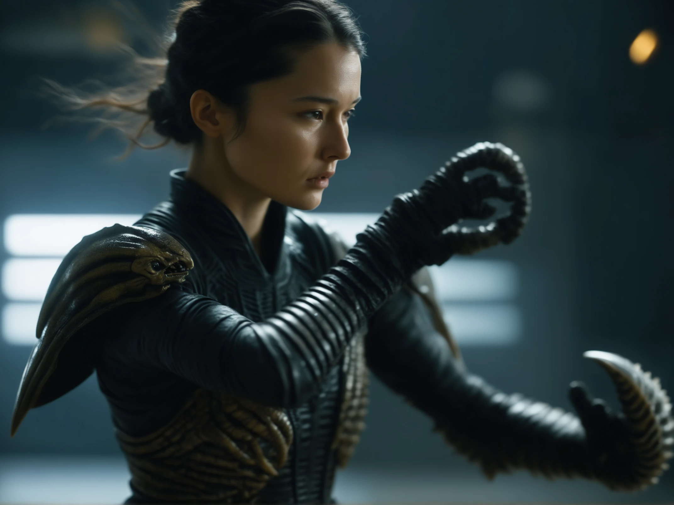 upper body epic realistic portrait of (young [german:tibetan:0.4] woman:1.2) practicing (wu-xing fighting:0.9) against the (brutal xenomorph ninja:1.25), blurry xenomorphs in smooth background with bokeh, realistic feminine anatomy, real female limbs proportions, intricate wavy kung-fu dress, (perfect feminine hands, correct fingers, ideal arms, artistic dynamic pose:1.25)wor, film grain, realism, hyperrealistic, (shallow depth of field, frontal bokeh, light particles flying in air, volumetric light, light caustics, refraction, reflection, v-ray, ray tracing:1.15)