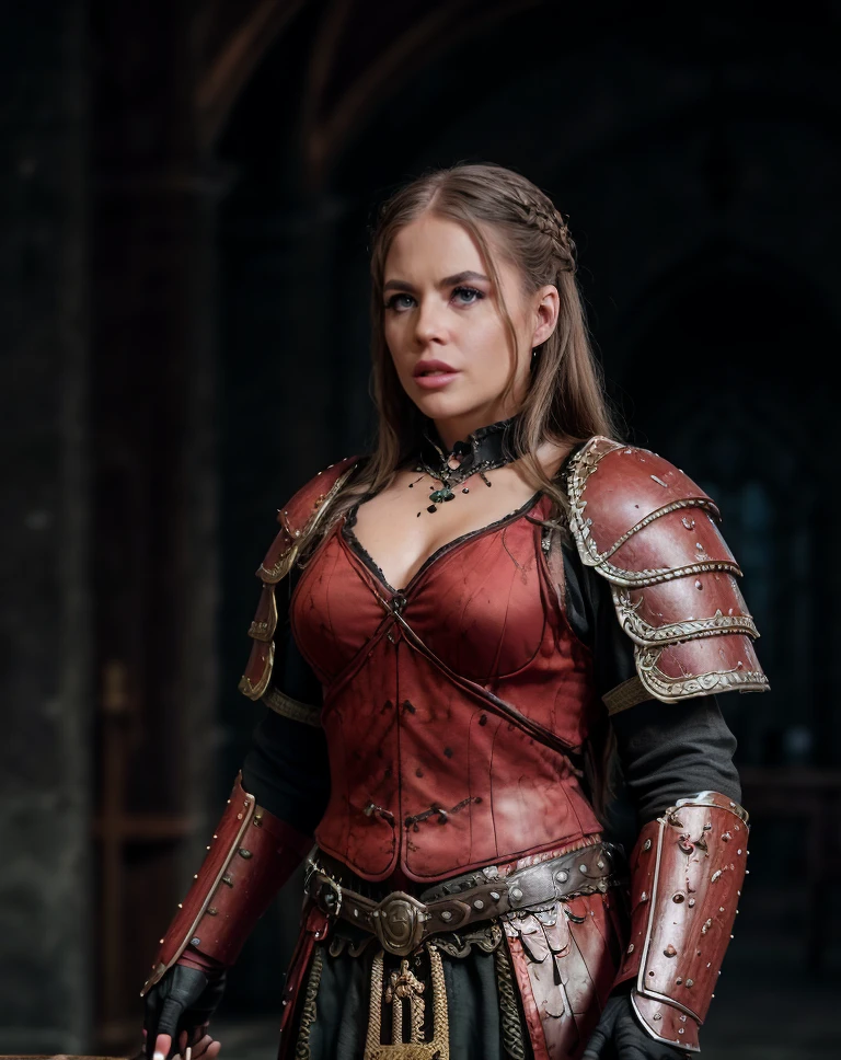 medieval style cinematic film still , realistic, <lora:quiron_AlessandraJane_v1_lora:0.87> AlessandraJaneQuiron, Formal Coral Samurai armor with Shield . shallow depth of field, vignette, highly detailed, high budget Hollywood movie, bokeh, cinemascope, moody, epic, gorgeous, film grain, grainy . historical, ornate, religious, gothic