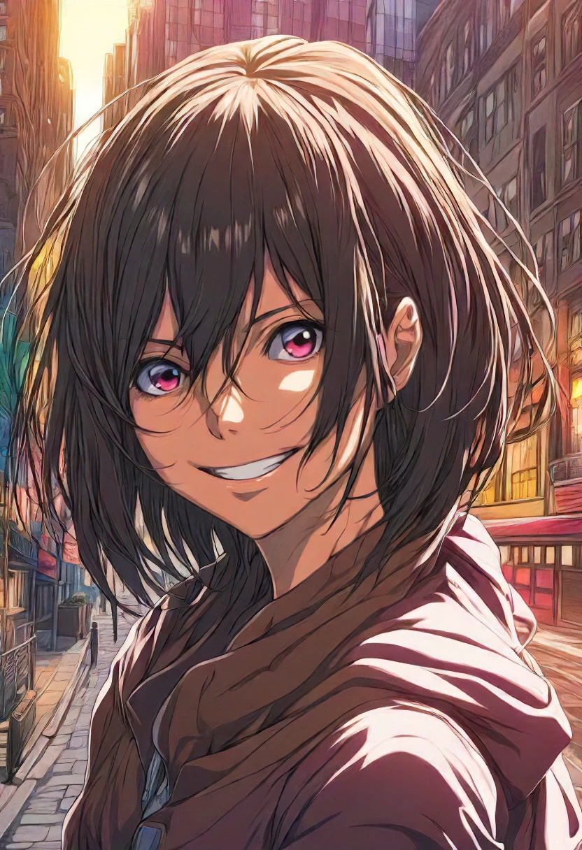 closeup, ((Mikasa Ackerman)) from the movie (Attack on Titan), happy face, city street, sunset lighting, detailed, vibrant colors