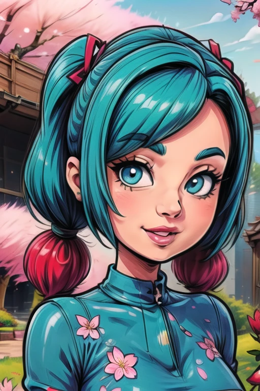 hatune miku, aqua hair, twin tails,((ultra-detailed)), ((illustration)), ((disheveled hair)), (beautiful detailed eyes), beautiful, amazing, detailed eyes, smile,waving,((in spring, cherry blosssom)), isometric, ,<lora:more_details:-1>, <lora:more_details:1.5>