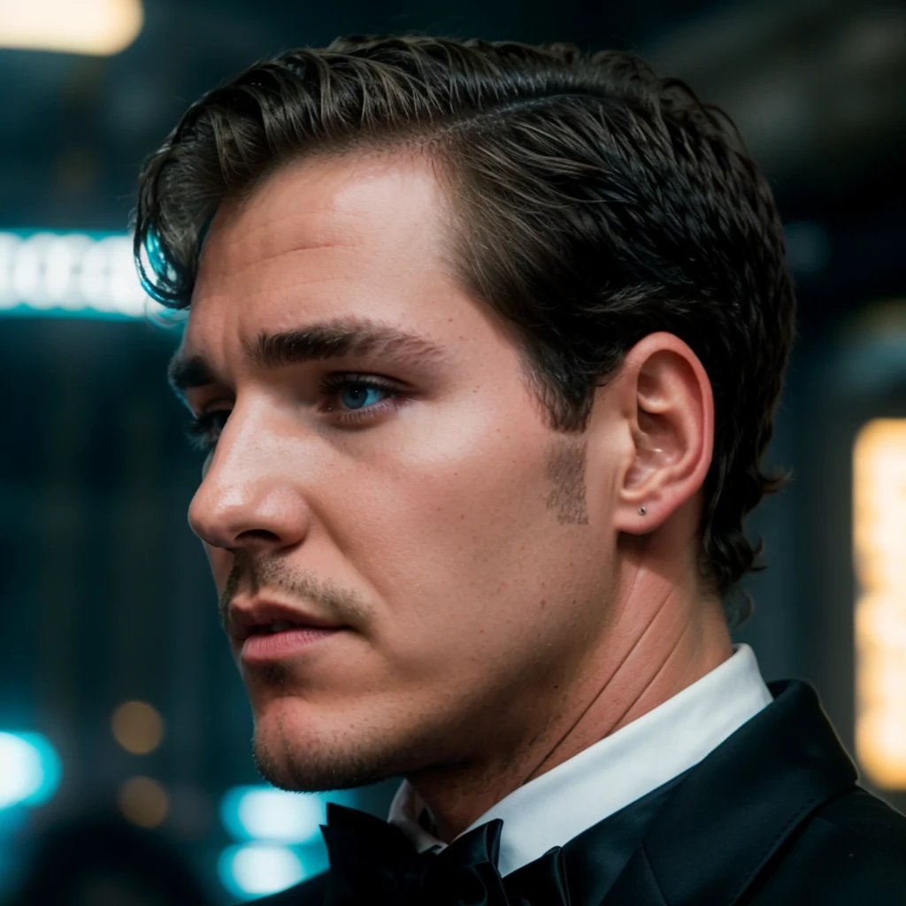 face portrait of wyattdorion person using a tuxedo, in blade runner, professional photography, high resolution, 4k, detailed photo, <lora:wyattdorion_41850:1>