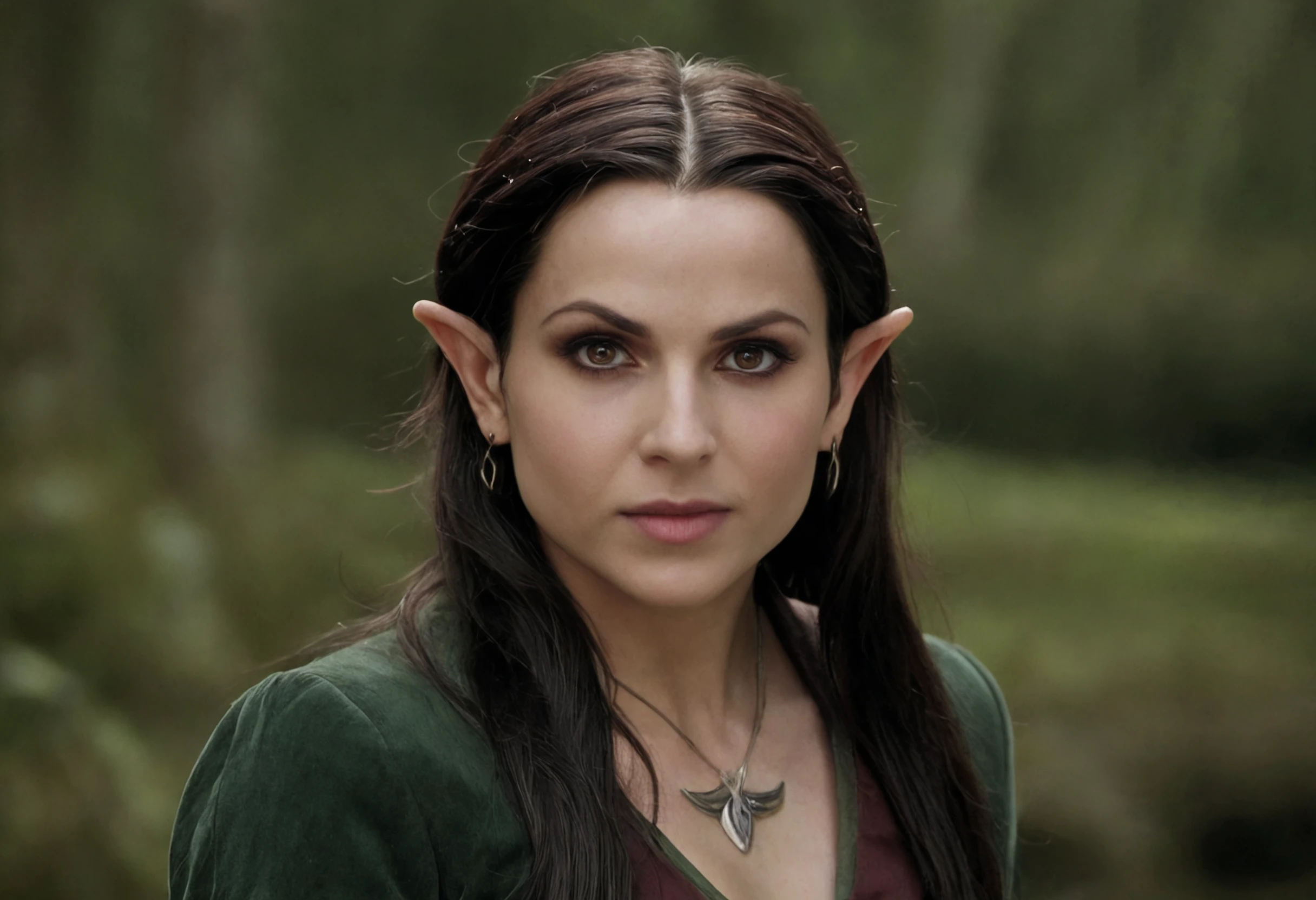 cinematic scene, RgnaEQ as a female elf, dark brown eyes, Lord of the Rings, Rivendale background, neutral expression, film grain, medium-full shot, looking at viewer