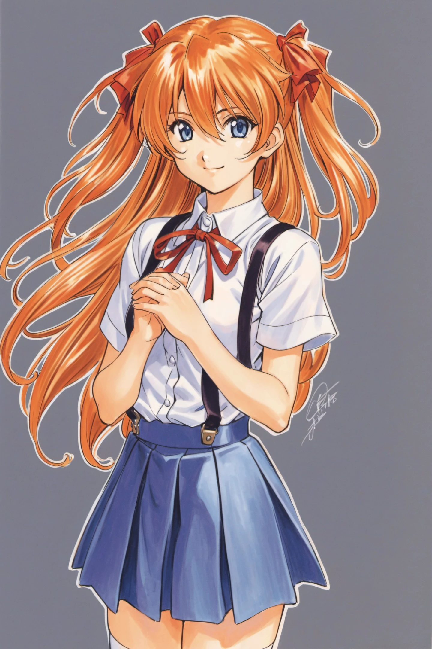 1girl, souryuu asuka langley, solo, long hair, school uniform, blue eyes, smile, white background, ribbon, shirt, simple background, own hands together, orange hair, short sleeves, skirt, red ribbon, neck ribbon, white shirt, bangs, hair between eyes, looking at viewer, tokyo-3 middle school uniform, signature, closed mouth, two side up, hair ornament, suspender skirt, interface headset, suspenders, traditional media, cowboy shot, interlocked fingers, blue skirt, <lora:Kosuke Fujishima_XL:0.8>