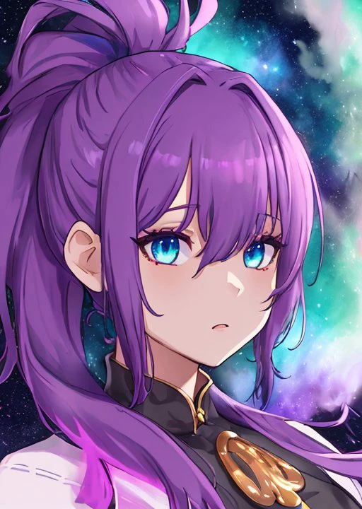 (masterpiece), 8k, very wide shot, volumetrics dtx, portrait, melting into a magical puddle of stars, beautiful eyes, (dreadlocks:0.5) in a ponytail, (Violet head:1), vibrant colors, highly detailed, photo