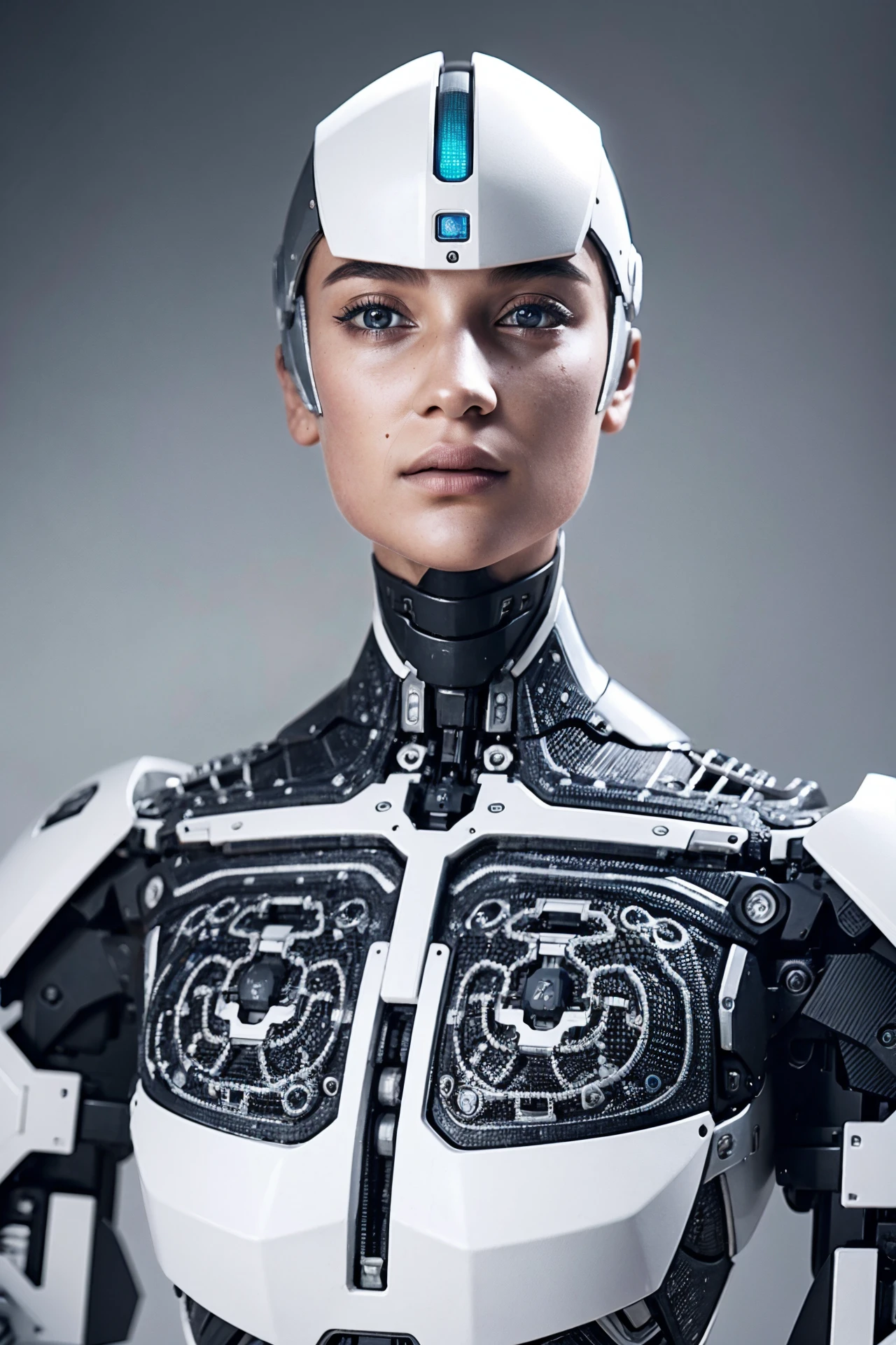 Human with robot body part, cinematic light, white background, unreal engine, (intricate details, hyperdetailed:1.15) (skin texture:1.2)   <lora:Alicia_Vikander_v2_640x960:0.85>