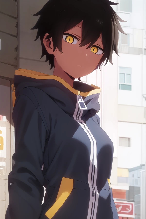 natsumikurobe, <lora:natsumi kurobe s1-lora-nochekaiser:1>,
natsumi kurobe, short hair, black hair, (yellow eyes:1.3), (slit pupils:1.5), dark skin, dark-skinned female,
BREAK jacket, pants, hood, zipper, tomboy,
BREAK outdoors, city,
BREAK looking at viewer, (cowboy shot:1.5),
BREAK <lyco:GoodHands-beta2:1>, (masterpiece:1.2), best quality, high resolution, unity 8k wallpaper, (illustration:0.8), (beautiful detailed eyes:1.6), extremely detailed face, perfect lighting, extremely detailed CG, (perfect hands, perfect anatomy),