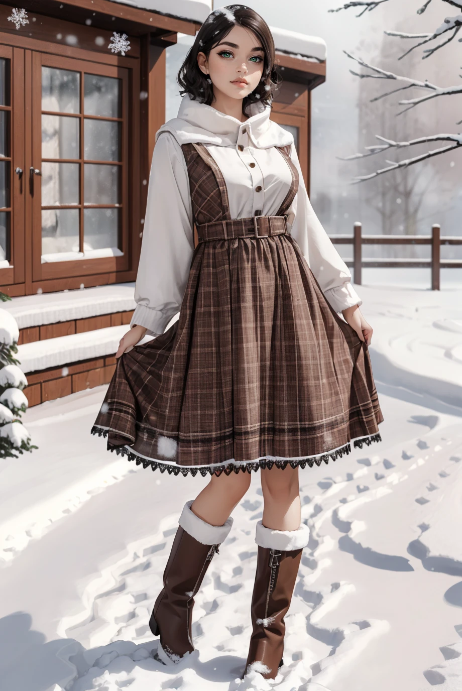 woman, curvy, large breasts, Adult, (half body photo:1.3), (Comb-Over with Fade:1.3), , <lora:br0wn_Dr3ss_1:0.75>,br0wn_Dr3ss_1, brown plaid dress, frill, boots, best quality, high detail, high quality, high res, 4k,eyeliner, pouty lips, detailed skin texture, (blush:0.5),(outside in the snow:1.4)