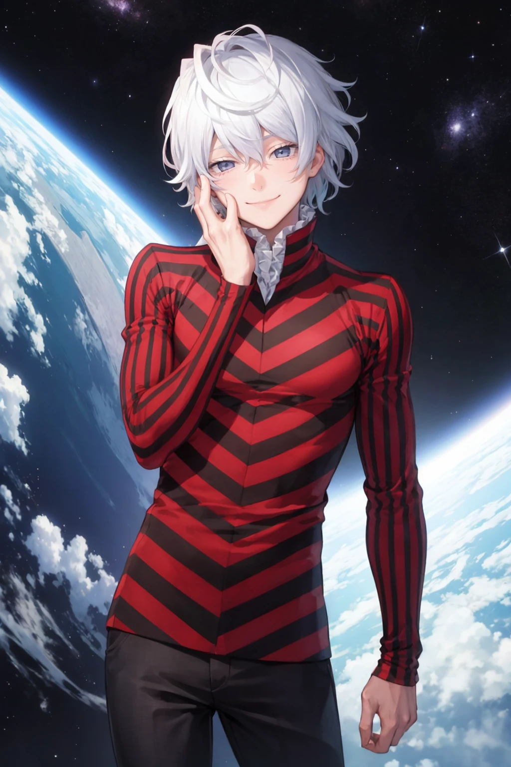 masterpiece, best quality, solo, 1boy, looking at viewer, smile, <lora:Alcor_Fp:0.9>, alcordesu2, striped shirt, pants, space, hand on own face,