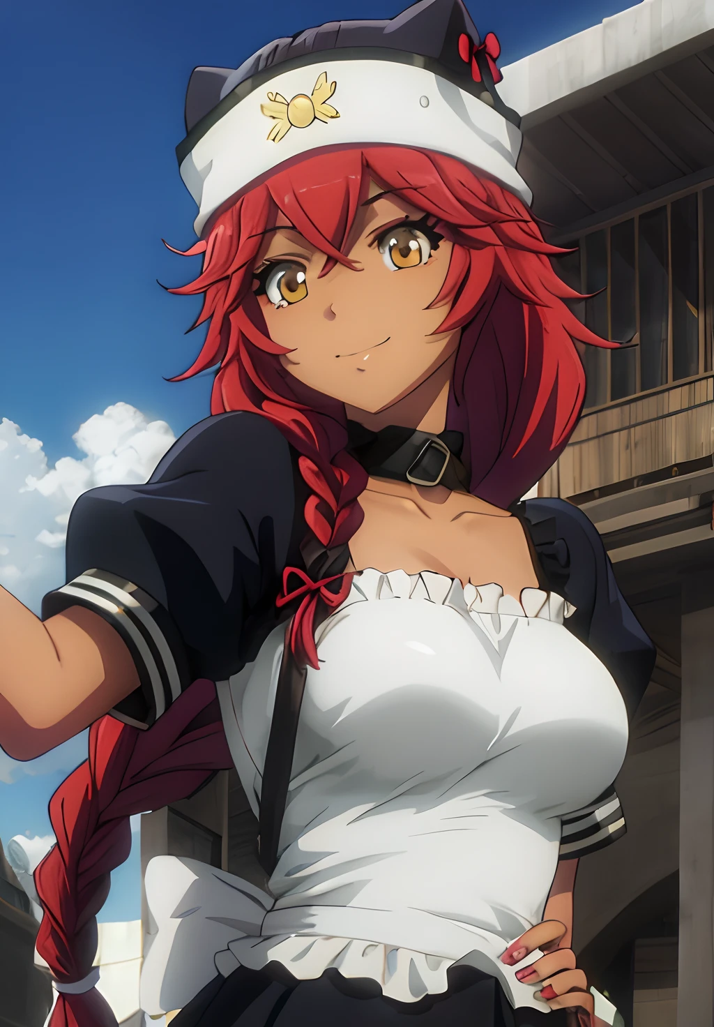 <lora:Overlord:0.8>, Overlord, Lupusregina, solo, looking at viewer, smile, short hair, skirt, shirt, hair ornament, gloves, long sleeves, hat, dress, bow, ribbon, holding, cleavage, brown eyes, medium breasts, very long hair, closed mouth, standing, collarbone, hair ribbon, white shirt, upper body, weapon, braid, short sleeves, small breasts, outdoors, frills, detached sleeves, sky, alternate costume, choker, day, puffy sleeves, shiny, sword, cloud, hand up, dark skin, black skirt, medium hair, bag, nail polish, holding weapon, blurry, apron, black dress, arm up, collar, red ribbon, dark-skinned female, blue sky, puffy short sleeves, black jacket, fingernails, v-shaped eyebrows, sleeves past wrists, wrist cuffs, maid, maid headdress, black shirt, dutch angle, single braid, black headwear, black ribbon, black bow, neck ribbon, floating hair, blurry background, white headwear, parody, holding sword, hair tubes, looking down, from below, sunlight, hat ribbon, cloudy sky, light smile, tan, juliet sleeves, frilled sleeves, between breasts, portrait, armband, white apron, bridal gauntlets, hair over shoulder, close-up, hand on own face, white sleeves, braided ponytail, eyebrows hidden by hair, crossed bangs, off-shoulder shirt, black sleeves, underbust, salute, frilled shirt, layered sleeves, over shoulder, strap, voice actor connection, arm garter, short over long sleeves, official style, weapon over shoulder, weapon on back, asymmetrical sleeves, strap between breasts, anime coloring, uneven sleeves