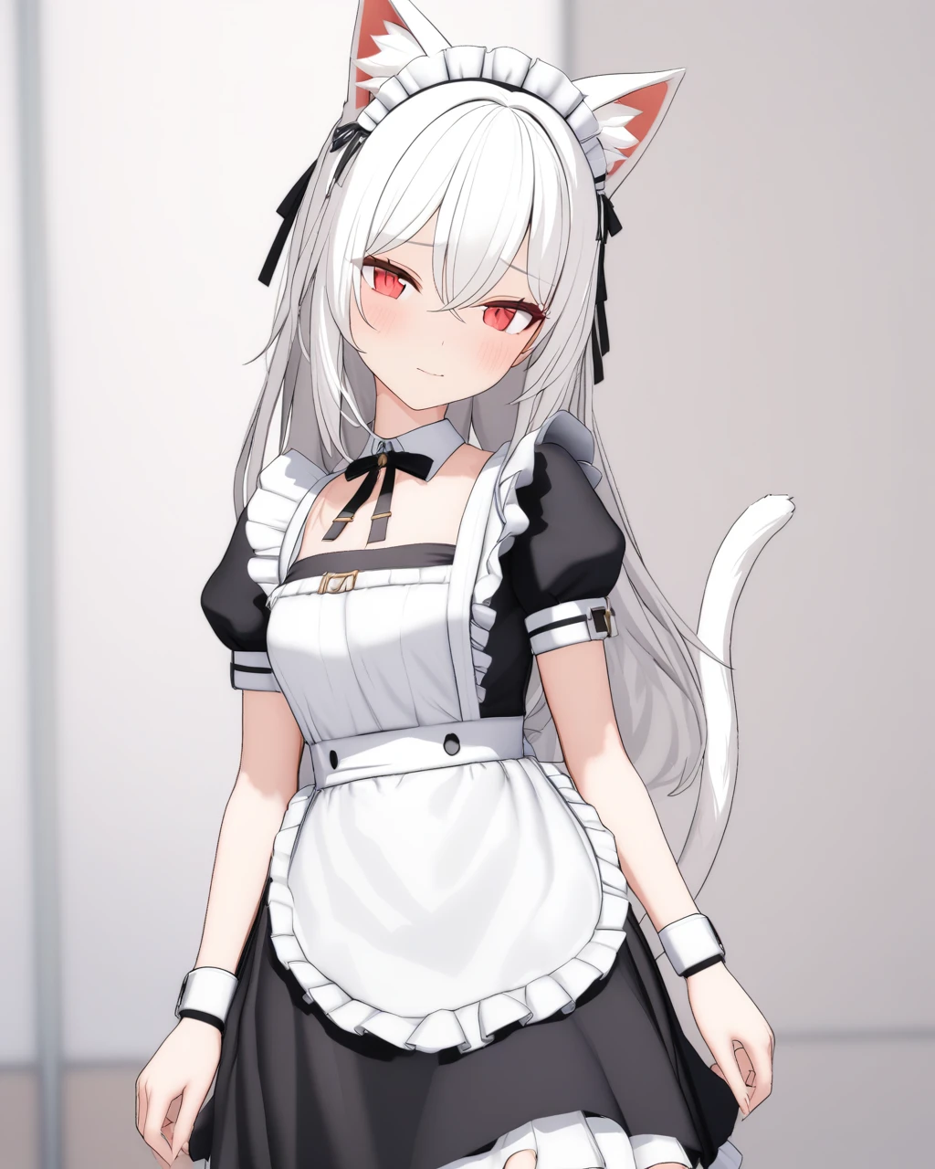 masterpiece,best quality,<lora:mmd:1>,,mmd,1girl,solo,cat ears, white hair,long hair,red eyes,maid,maid headdress, maid apron, maid dress,cat tail, cowboy shot,