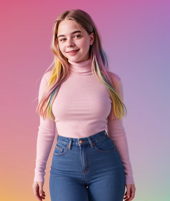 <l1n4c0s2>, ((Colorful background)), close portrait photo, Spectacular light, 8k, soft lighting, high quality, breast, top, Mini-skirt, upper body, (Turtleneck), Turtleneck, smile, jeans, Colorful background, Colorful background