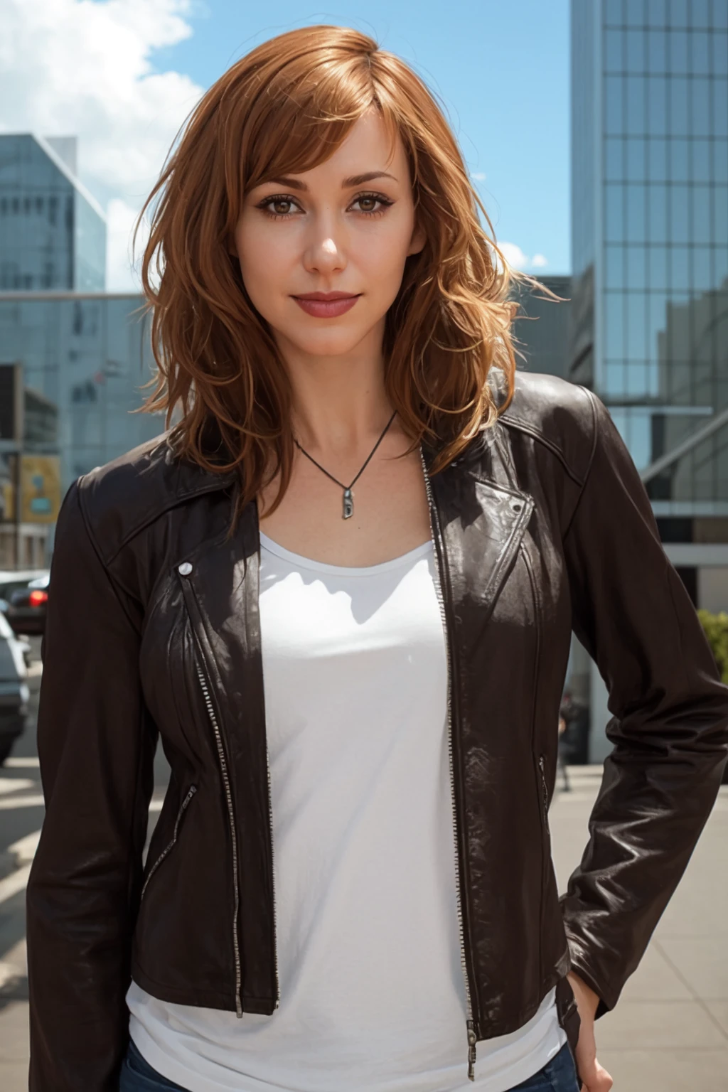 <lora:mondongo_LoRA_KaryByron_v2:1> mndngwmn, (ultra realistic, 8k,high quality),(medium shot), wearing a leather jacket, on a city downtown