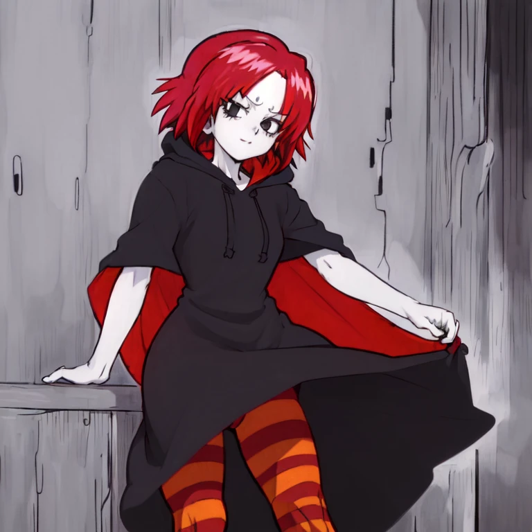 (masterpiece, best quality, highres:1.4), highly detailed, detailed shading, vibrant colors,  evangelion anime style, 1girl, solo, ruby gloom, short hair, dress, pantyhose, striped, cape, black dress, black eyes, cloak, red cape, hooded cloak,  <lora:ruby_gloom:1>, <lora:evangelion_anime_style_offset:0.7>