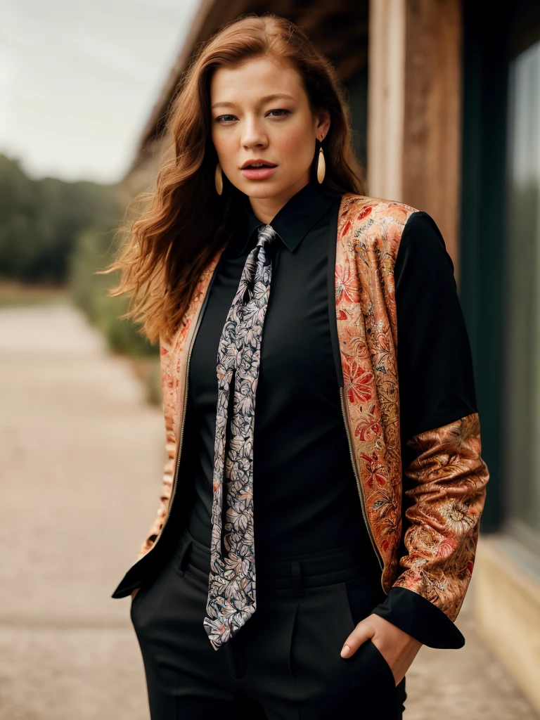 Realistic photo of a beautiful s4r4hs woman, 1girl,solo,long hair,looking at viewer,red hair,shirt,long sleeves,jewelry,jacket,cowboy shot,earrings,parted lips,open clothes,necktie,collared shirt,pants,english text,lips,black shirt,black pants,floral print,cover,black necktie,zipper,realistic,magazine cover,fashion, soft lighting, professional Photography, Photorealistic, detailed, RAW, analog, sharp focus, 8k, HD, high quality, masterpiece<lora:s4r4hs:1.0>