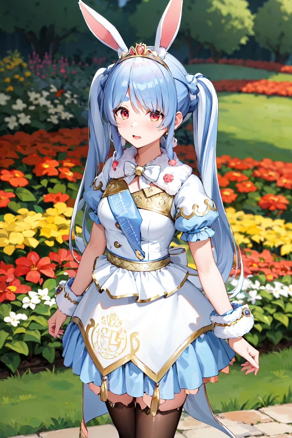 masterpiece, best quality, highres, ggpekora, rabbit ears, tiara, <lora:usada_pekora_v1:0.9>, standing, cowboy shot, outdoors, garden