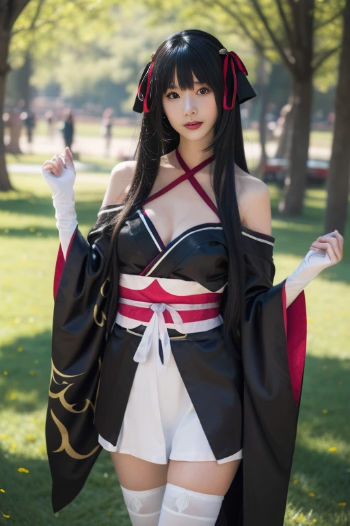 ltra-detailed,highly detailed,best quality,masterpiece,illustration,realistic,photorealistic,
1girl, solo, 
yaya, yaya-kimono, japanese clothes, kimono, thighhighs, halterneck, 
bare shoulders, off shoulder, ribbon, sash, detached sleeves, wide sleeves, obi, criss-cross halter, cleavage, floral print, 
long hair, bangs, hair ribbon, hair ornament, sidelocks, 
collarbone, 
standing, cowboy shot, looking at viewer, 
outdoors, photo background, day, nature, tree, flower, grass,
 <lora:yaya_v1_04:0.7>