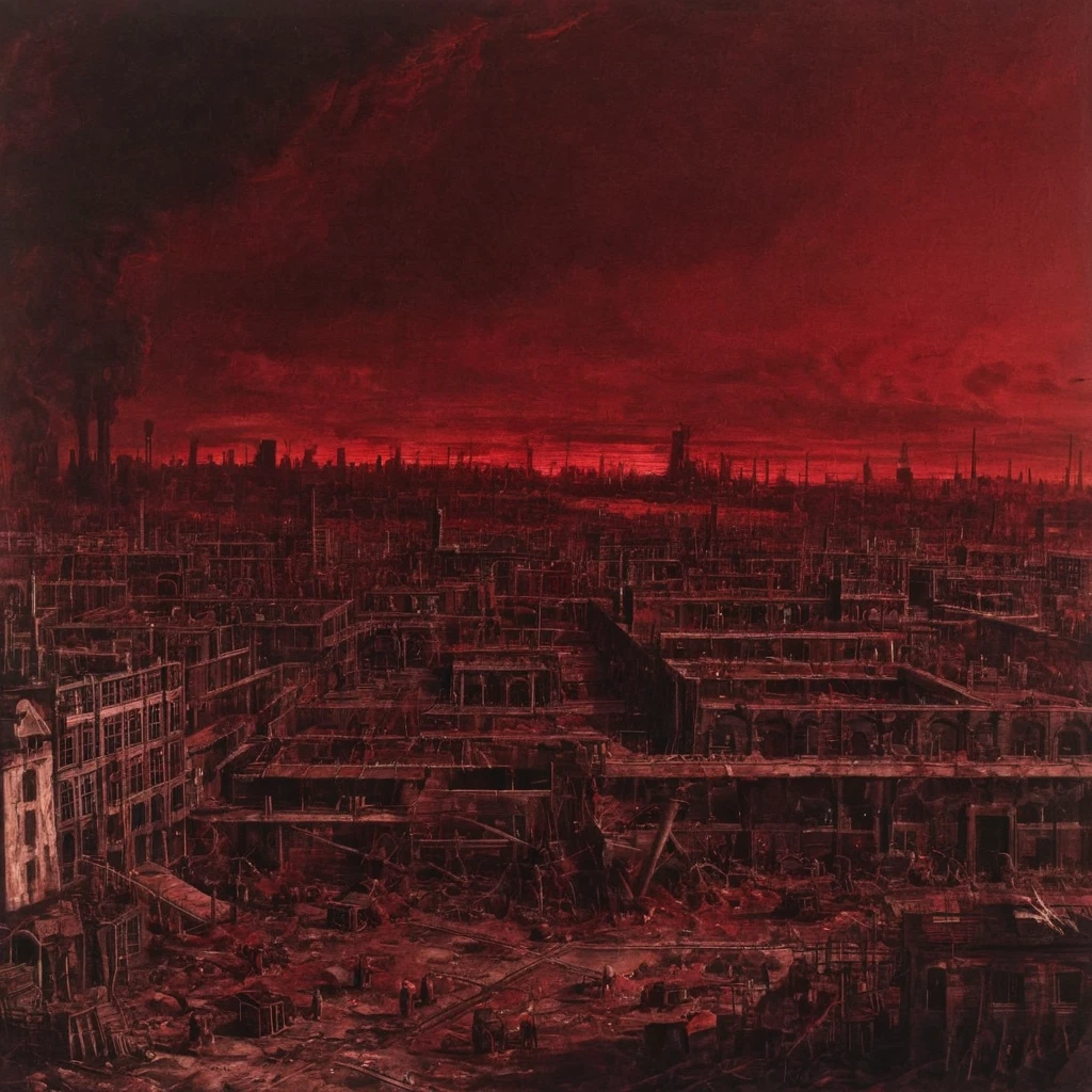 Painting of dark red city fallout apocalyptical AH_Canaletto <lora:Paintings_by_Canaletto_Giovanni_Antonio_Canal__-_venetian_landscape_artist:1>