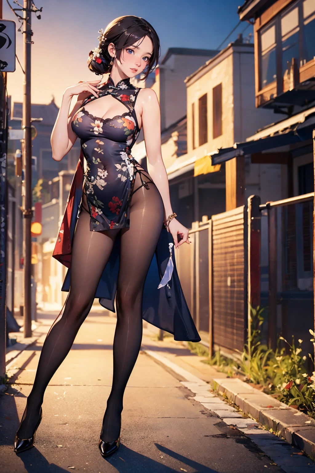 1girl,solo,medium breasts,outdoors,<lora:GoodHands-beta2:1>,(full body:1.3),<lora:0164 Warm and strong fragrance_v1:0.8>,ruanyi0164,china dress,cleavage cutout,cleavage,pantyhose,thong,pelvic curtain lift,, best quality,masterpiece,highres,official art,extremely detailed cg unity 8k wallpaper