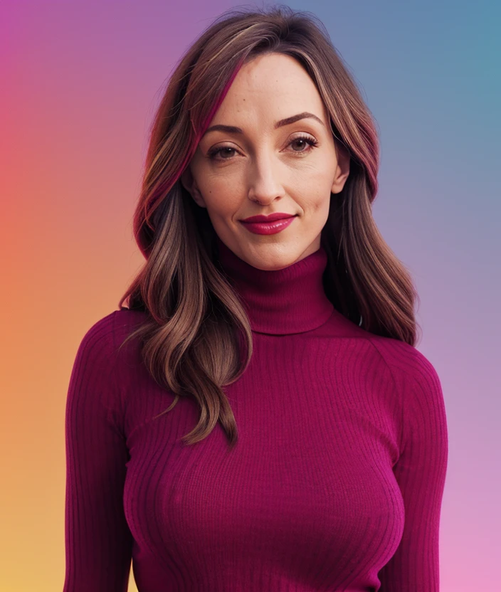 <v3l4t01>, ((Colorful background)), close portrait photo, Spectacular light, 8k, soft lighting, high quality, breast, top, upper body, (Turtleneck), Turtleneck, smile, jeans, Colorful background, Colorful background