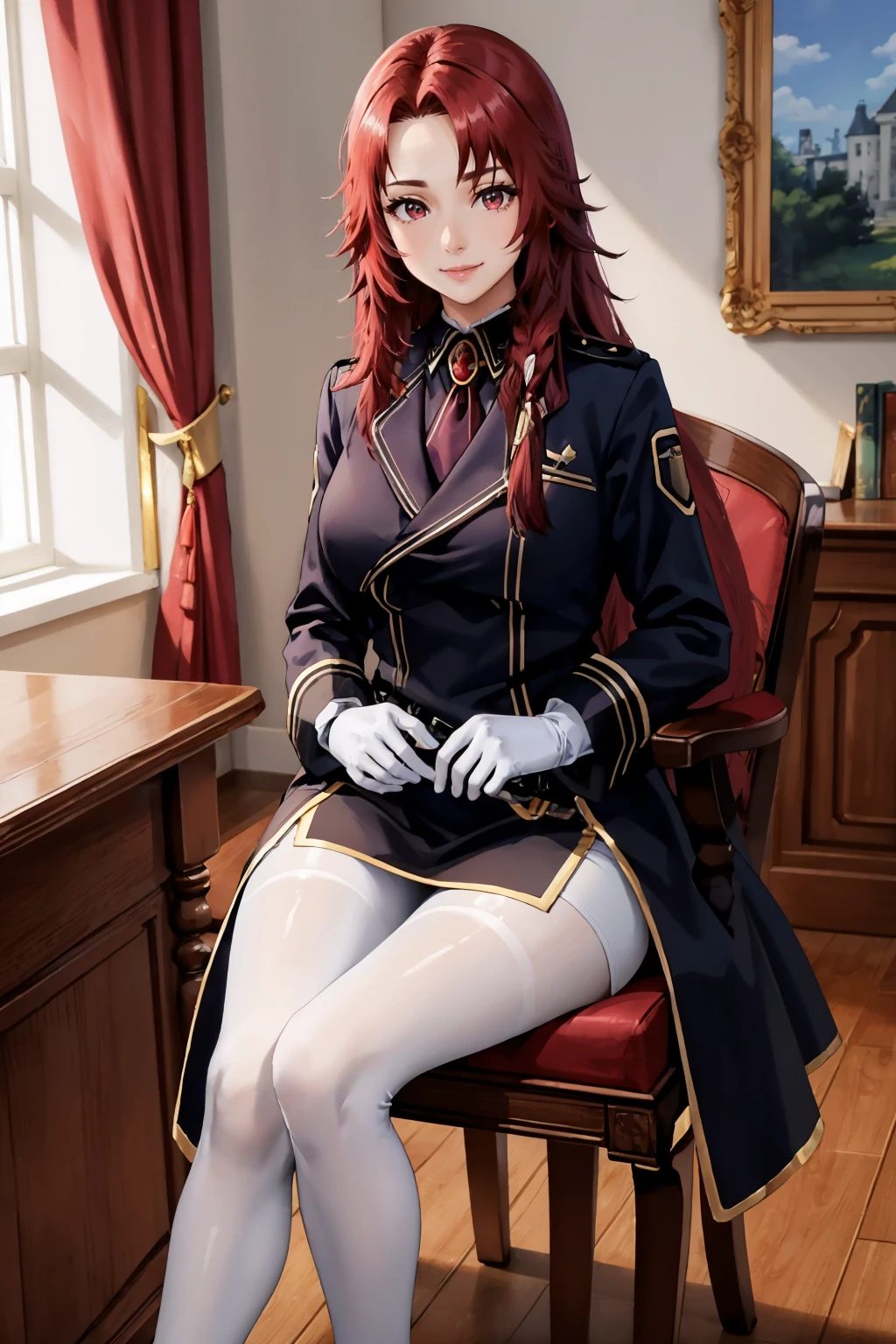 (masterpiece, best quality, 4k, detailed, intricate, realistic),sitting,crossed legs,1girl,iris midgar,black coat, black uniform, long sleeves, gold trim, black skirt, white pantyhose, white gloves, black boots,red hair  <lora:irismidgar-nvwls-v1:0.8>