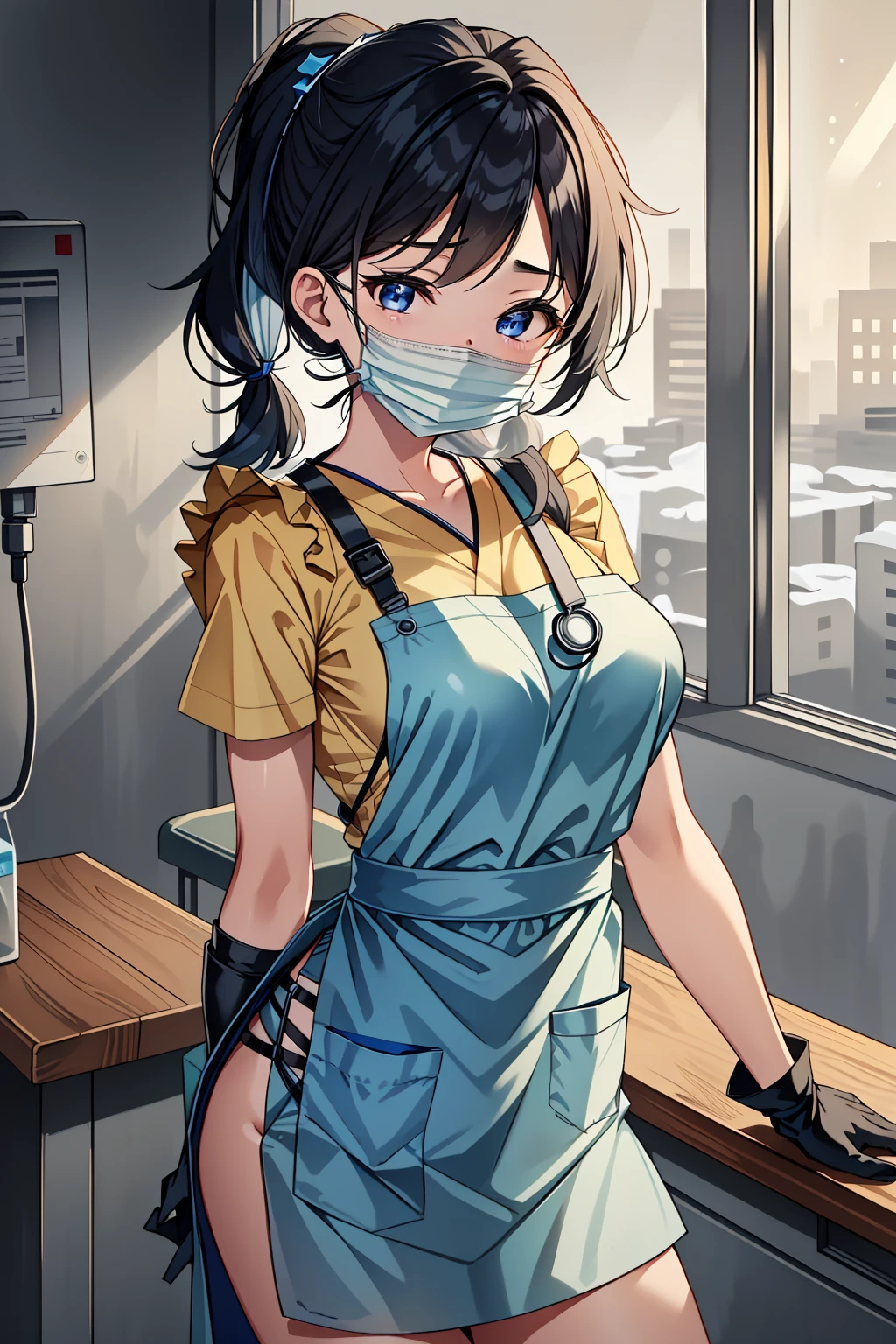 ((masterpiece, best quality, high quality)),1girl, (hospital), <lora:infirmary_v0.1:0.5> infirmary, <lora:Apron Doc v2:0.8> (doctor_apron, apron, mask, gloves, surgical mask,scrubs), <lora:Kaede Sakata:0.7> (1girl, 3dcg 07, black hair, blue eyes, curtained hair, kaede sakata, low twintails, medium breasts, parted bangs, ponytail, short hair, solo, twintails),