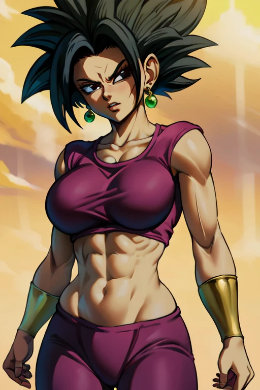 masterpiece,best quality,extreme detail,8k,<lora:kefla:0.8>,kefla2,1girl,solo,breasts,looking at viewer,short hair,large breasts,black hair,navel,jewelry,collarbone,earrings green,pants,black eyes,crop top,spiked hair,cropped shirt,cowboy_shot,upper_body,<lora:Shexyoart:0.8>,shexyoart,