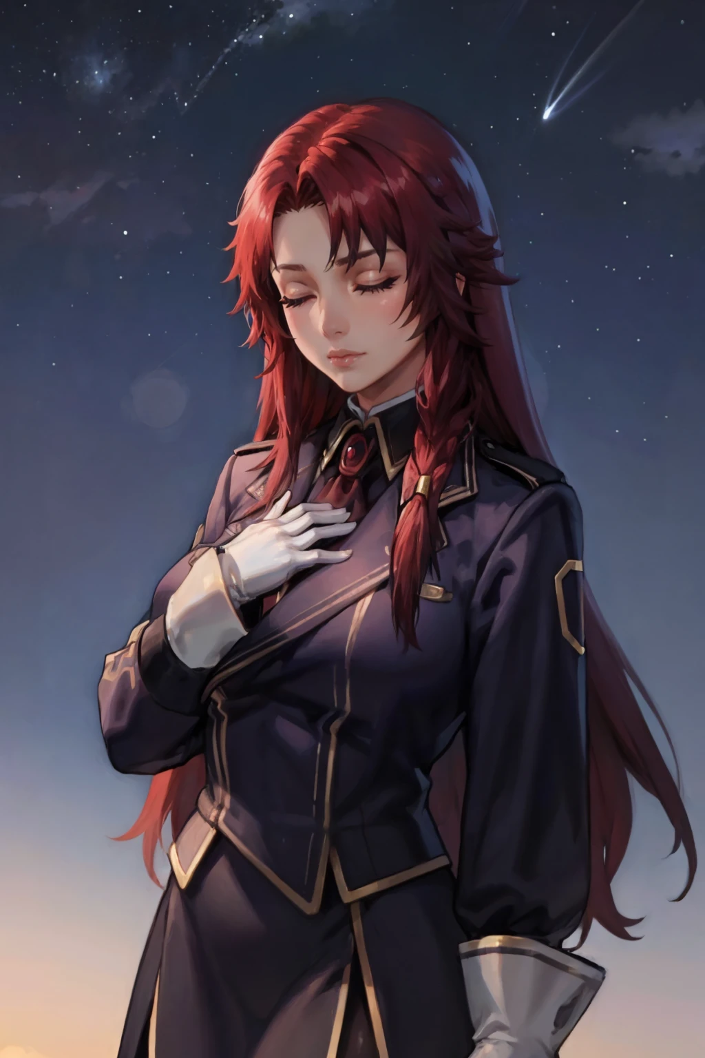 masterpiece, best quality,  <lora:irismidgar-nvwls-v1-000009:0.8> iris midgar, black coat, black uniform, long sleeves, gold trim, black skirt, white pantyhose, belt, white gloves, large breasts, closed eyes, serious, upper body, night sky, hand to own chest