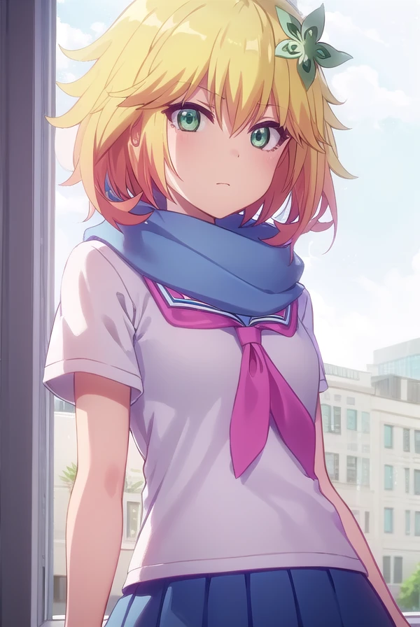 taprissugarbellchisaki, <lora:tapris sugarbell chisaki s1-lora-nochekaiser:1>,
tapris sugarbell chisaki, short hair, blonde hair, hair ornament, (green eyes:1.3), flower, hair flower,
BREAK dress, school uniform, scarf, serafuku, short sleeves,
BREAK indoors, classroom,
BREAK looking at viewer, (cowboy shot:1.5),
BREAK <lyco:GoodHands-beta2:1>, (masterpiece:1.2), best quality, high resolution, unity 8k wallpaper, (illustration:0.8), (beautiful detailed eyes:1.6), extremely detailed face, perfect lighting, extremely detailed CG, (perfect hands, perfect anatomy),