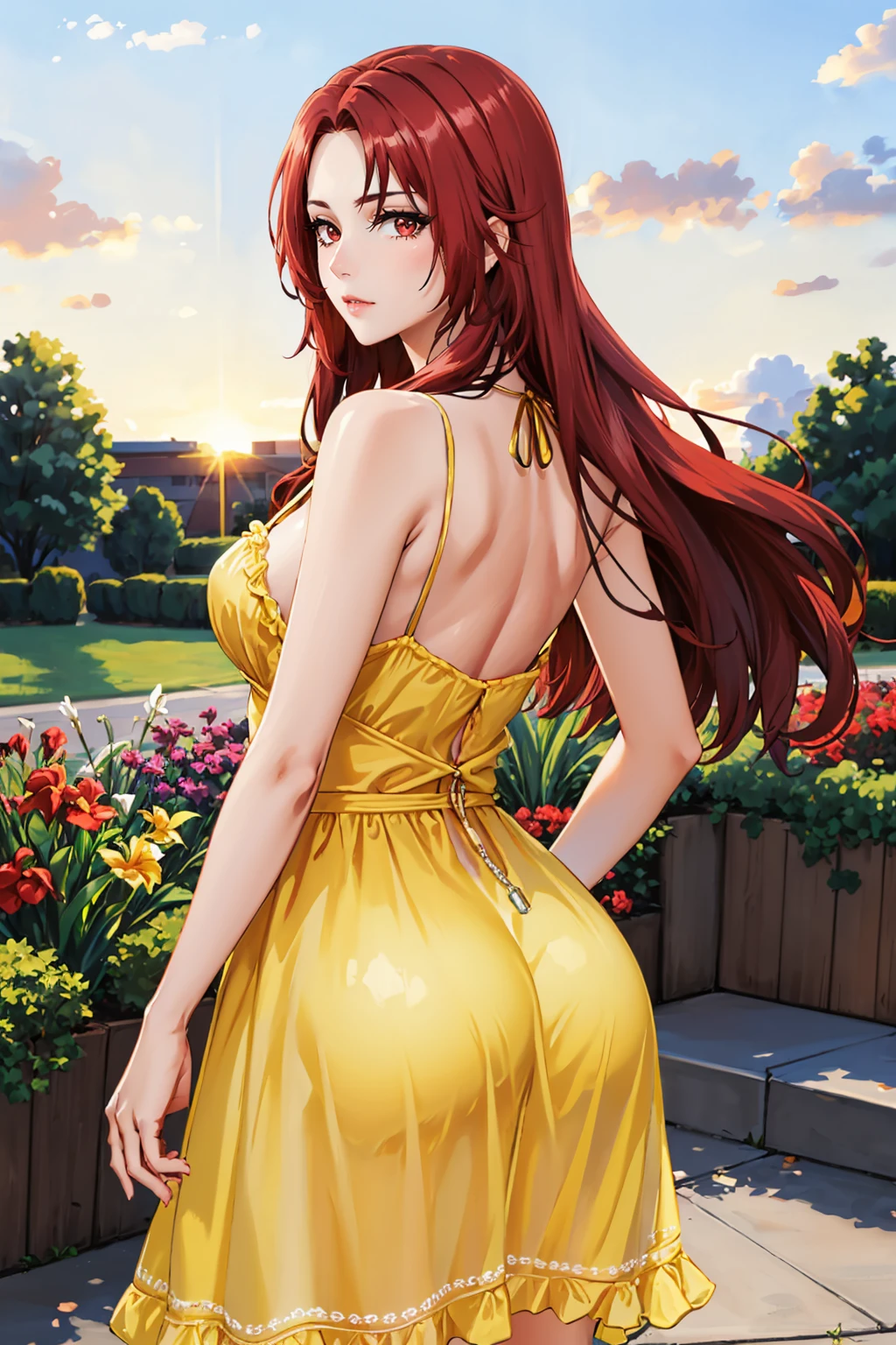 masterpiece, best quality, <lora:irismidgar-nvwls-v1-000009:0.8> iris midgar, red hair, very long hair, yellow sundress, from behind, looking at viewer, sunrise, garden <lora:edgChamYellowSundress:1> edgYSD,woman wearing a yellow sundress