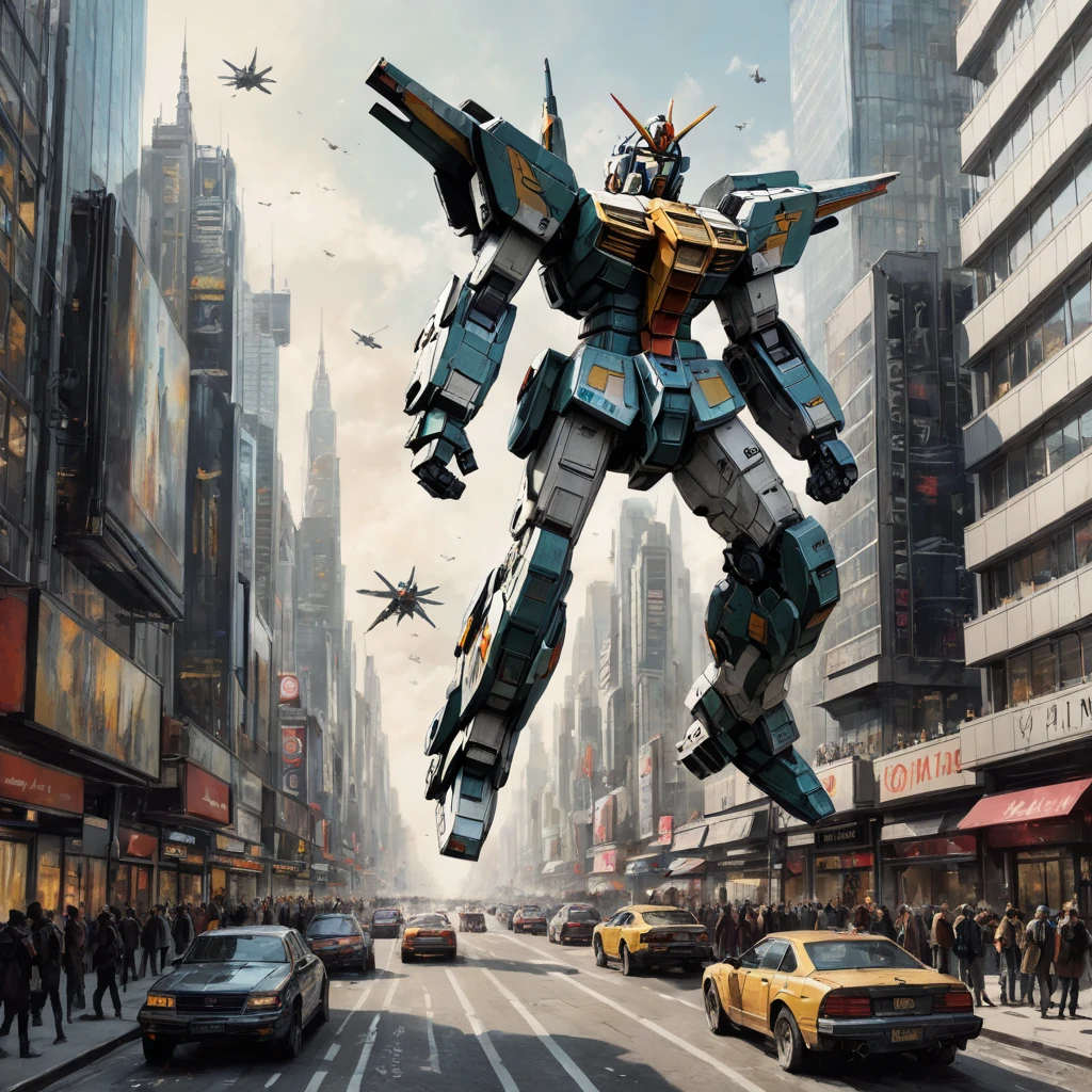 masterpiece,best quality,a gundam flying through a futuristic city,art by chalksketch,full color, chalk,rough sketch,<lora:ChalkSketchXL:1>