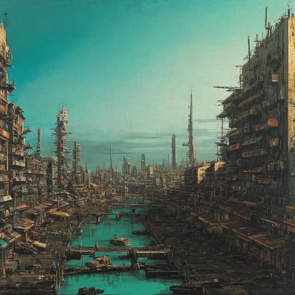 Painting of cyberpunk landscape AH_Canaletto <lora:Paintings_by_Canaletto_Giovanni_Antonio_Canal__-_venetian_landscape_artist:1>