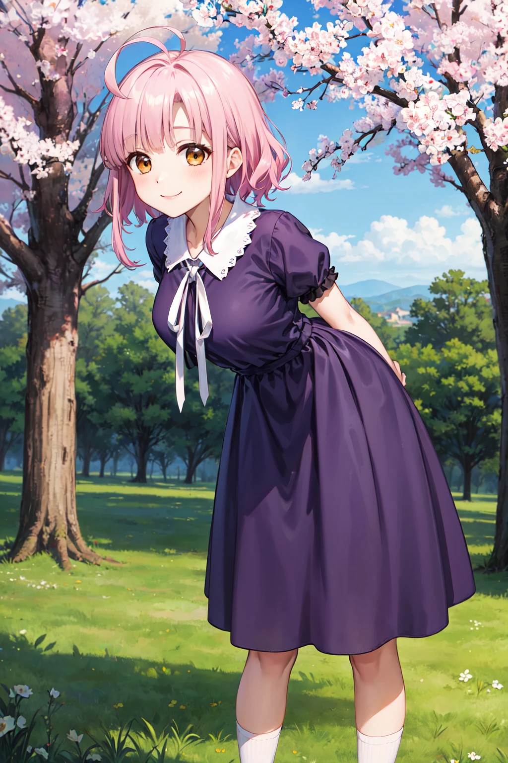 masterpiece,best quality,highres,ultra-detailed,sakura megumi,ahoge,long hair,hairclip,cross necklace,ribbon,purple dress,short sleeves,socks,white socks,shoes,brown footwear,<lora:sakura_megumi:0.8>,outdoors,cowboy shot,smile,standing,arms_behind_back,(leaning_forward:1.2),