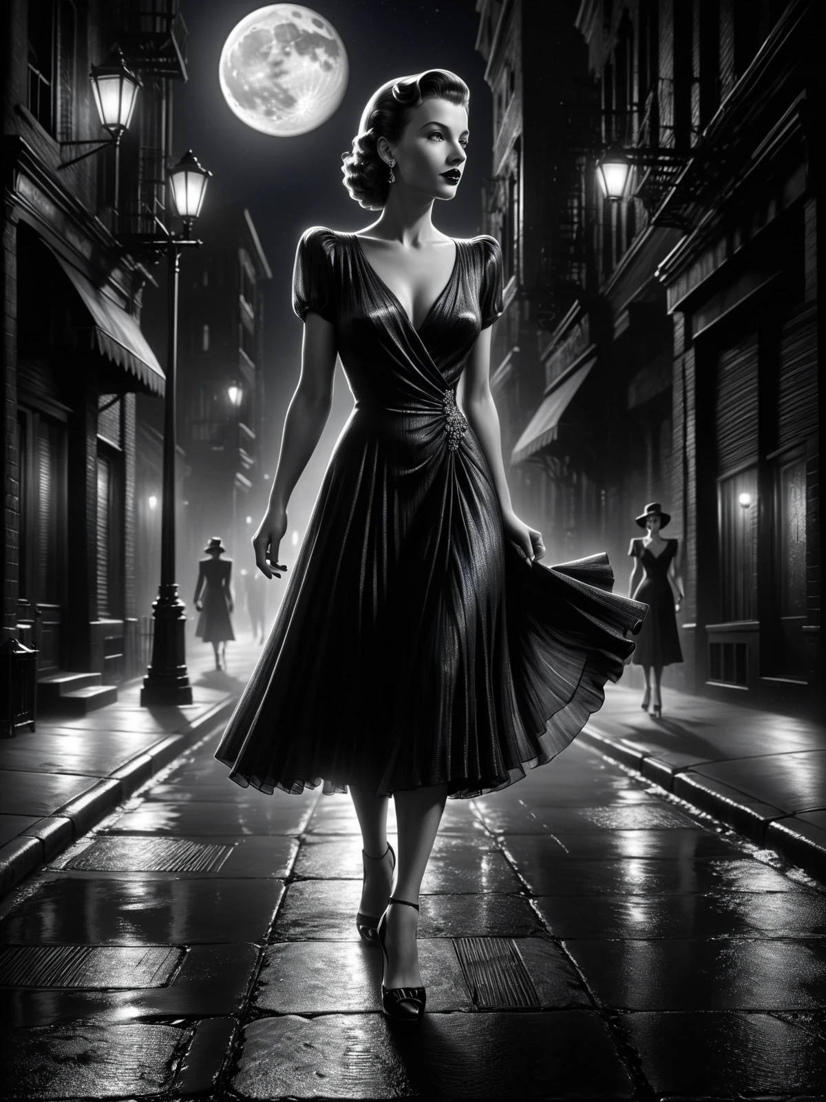 uma detetive sedutora no noir dos anos 1940" Uma imagem de uma detetive femme fatale vestida com um glamouroso e sensual estilo noir dos anos 1940. She's in a dimly lit alley, with a cigarette in hand, Exuding mystery and fascination. The scene captures the essence of classic film noir with its dramatic lighting and vintage aesthetic.