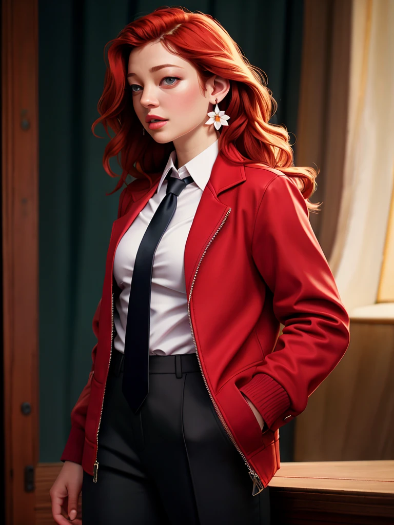 Realistic photo of a beautiful s4r4hs woman,  1girl,solo,long hair,looking at viewer,red hair,shirt,long sleeves,jewelry,jacket,cowboy shot,earrings,parted lips,open clothes,necktie,collared shirt,pants,english text,lips,black shirt,black pants,floral print,cover,black necktie,zipper,realistic,magazine cover,fashion, soft lighting, professional Photography, Photorealistic, detailed, RAW, analog, sharp focus, 8k, HD, high quality, masterpiece<lora:s4r4hs:1.0>