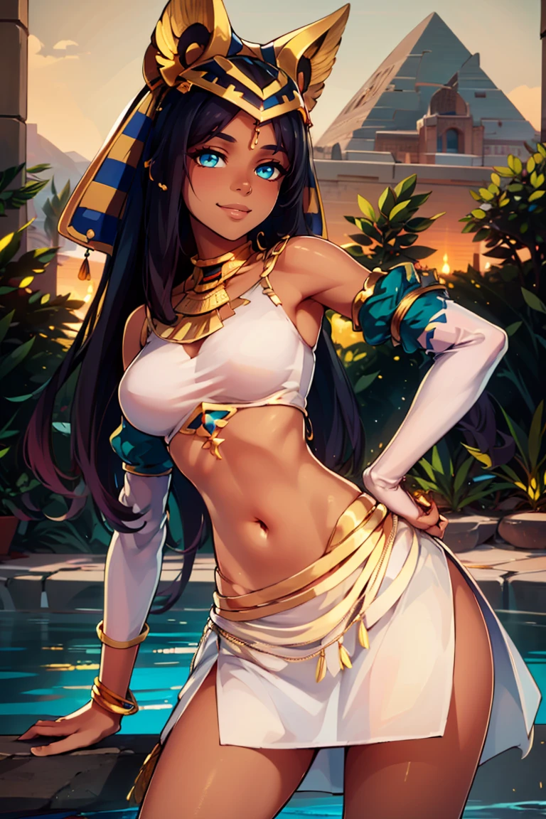 ((masterpiece,best quality)), absurdres, <lora:Ramesses_v1_Anime:0.8>, ramesses_ii, dark skin, solo, smiling, jewelry, gold,
hip to the side, white miniskirt, contrapposto, hip to the side, hand on hip, dynamic pose,
pyramid, pool, oasis, gold theme,
looking at viewer, cowboy shot,