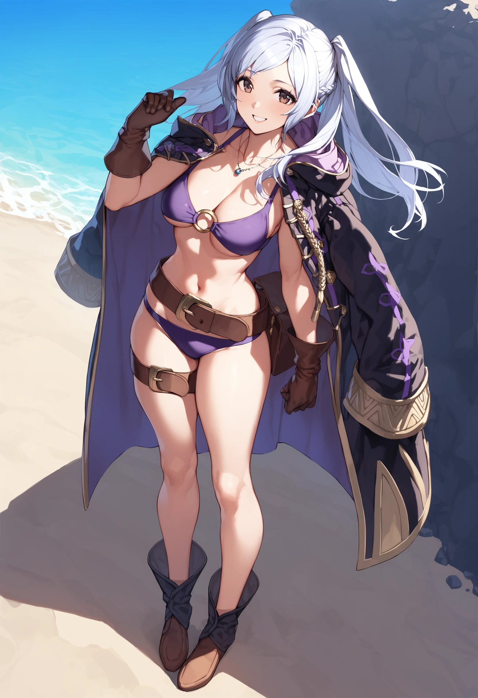 1girl,<lora:summer robinXL:1>,summer robin,necklace,robe,o-ring bikini,gloves belt,thigh strap,boots,full body,standing,smile,sandy beach,blue sky,sun,ultra-detailed,best quality,masterpiece