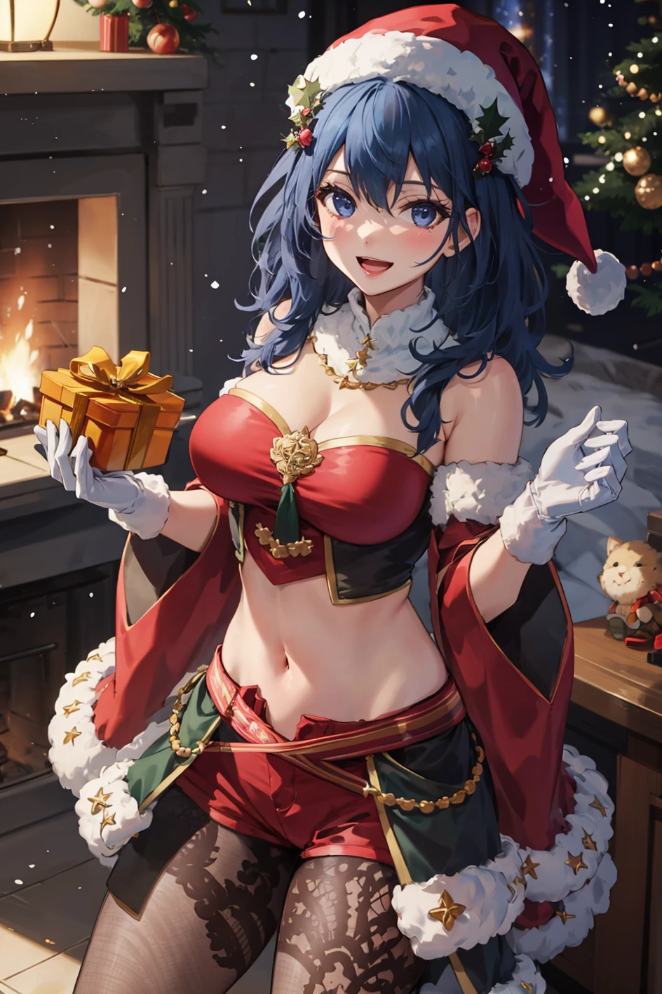 masterpiece, indoors, fireplace, cowboy shot, dynamic angle, 1girl, standing, solo, open mouth, smile, looking at viewer, holding gift, <lora:BylethFE-FEHXmas-bsinky-v1:0.9> xmasBylethF, cleavage, hair ornament, white gloves, santa hat, navel, patterned pantyhose, shorts, midriff, fur trim