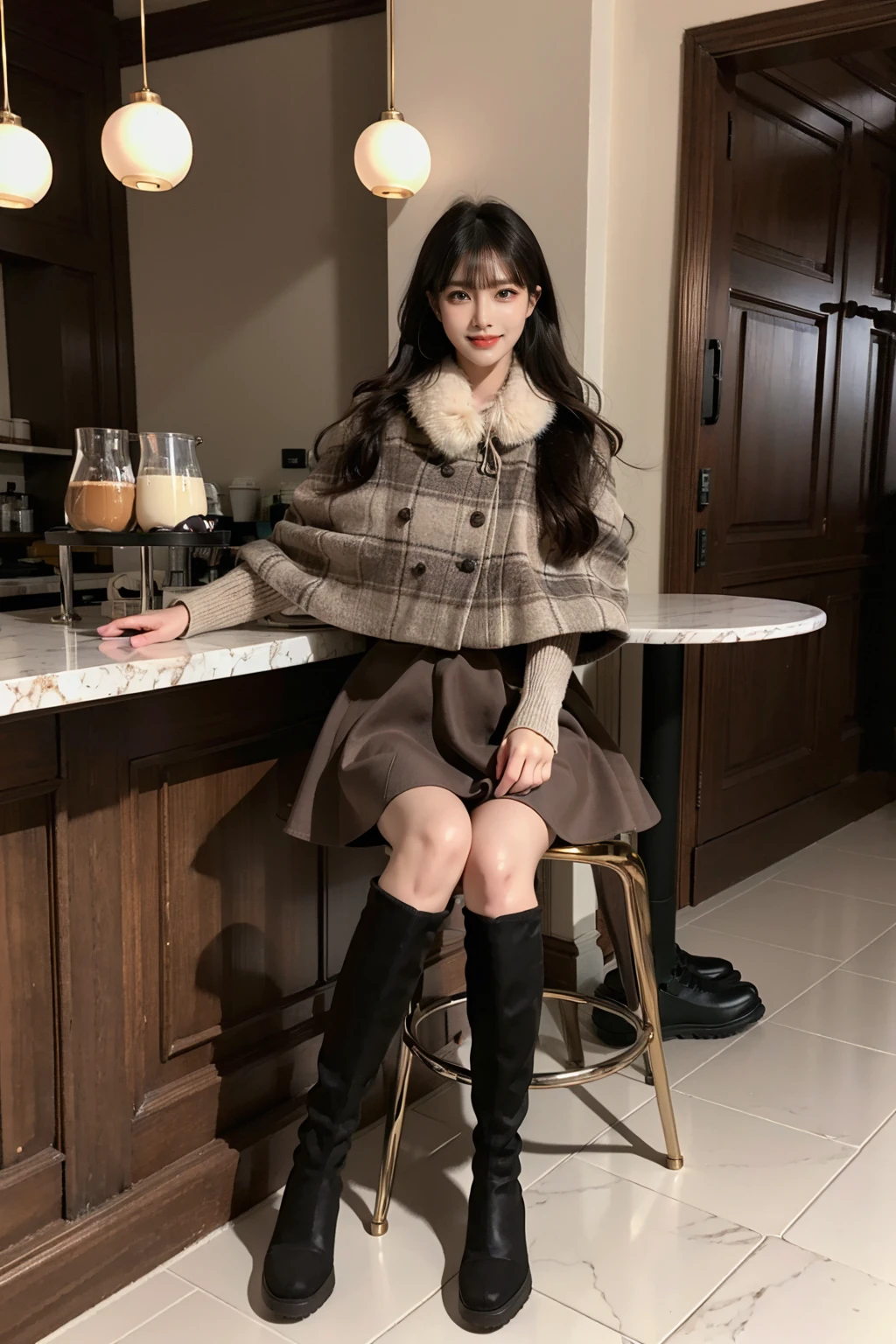 best quality, masterpiece, realistic, photorealistic, 1girl, solo, looking at viewer, light smile, full body, sitting on high stool, long hair, black hair, bangs, cyb skirt, capelet, long sleeves, wool ball scarf, scarf, knee boots, in cafe, coffee, indoors, rich detailed, <lora:dating_attire_style7_v1:0.7>