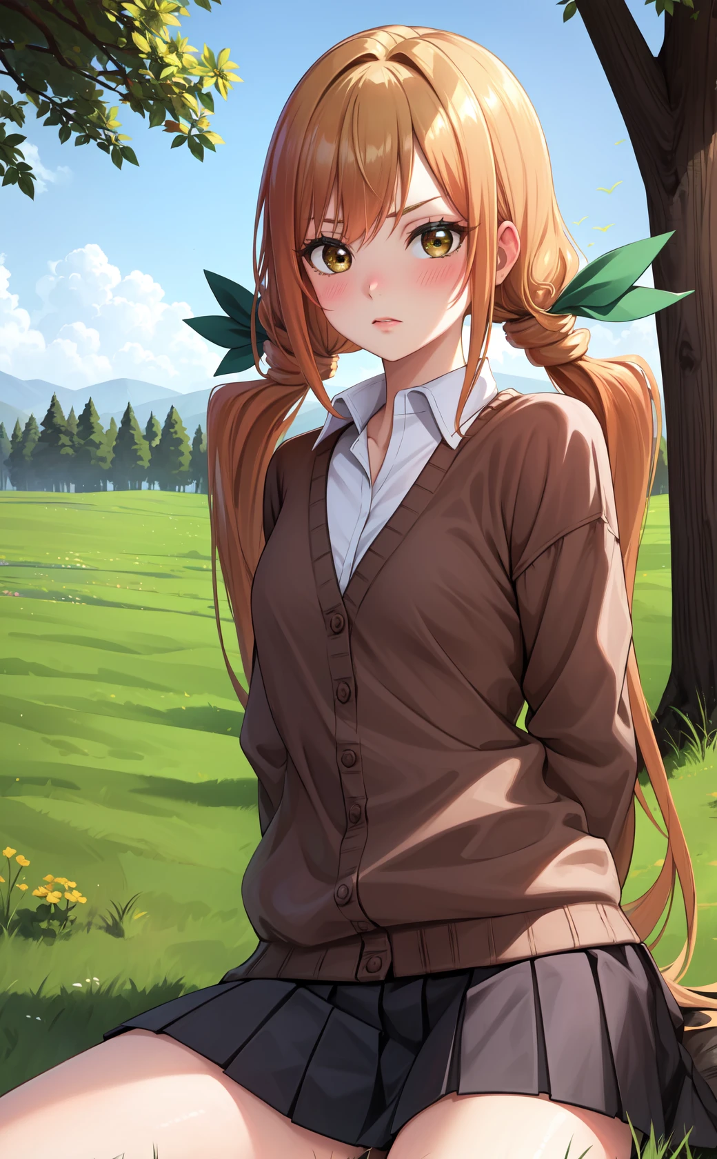 masterpiece, best quality, highres,
IndaDef, 1girl, solo, orange hair, v-shaped eyebrows, brown eyes, yellow eyes, very long hair, long hair, twintails, low twintails, hair ornament, blush, bangs, hair ribbon, ribbon, green ribbon,
skirt, shirt, long sleeves, school uniform, white shirt, pleated skirt, collared shirt, black skirt, sleeves past wrists, dress shirt, cardigan, puffy long sleeves, cropped legs, brown cardigan,
sitting, cowboy shot, looking at viewer, arms behind back, outdoors, forest, field, sky, blue sky, sunlight, grass, forest, <lora:LoRA_Inda:1>