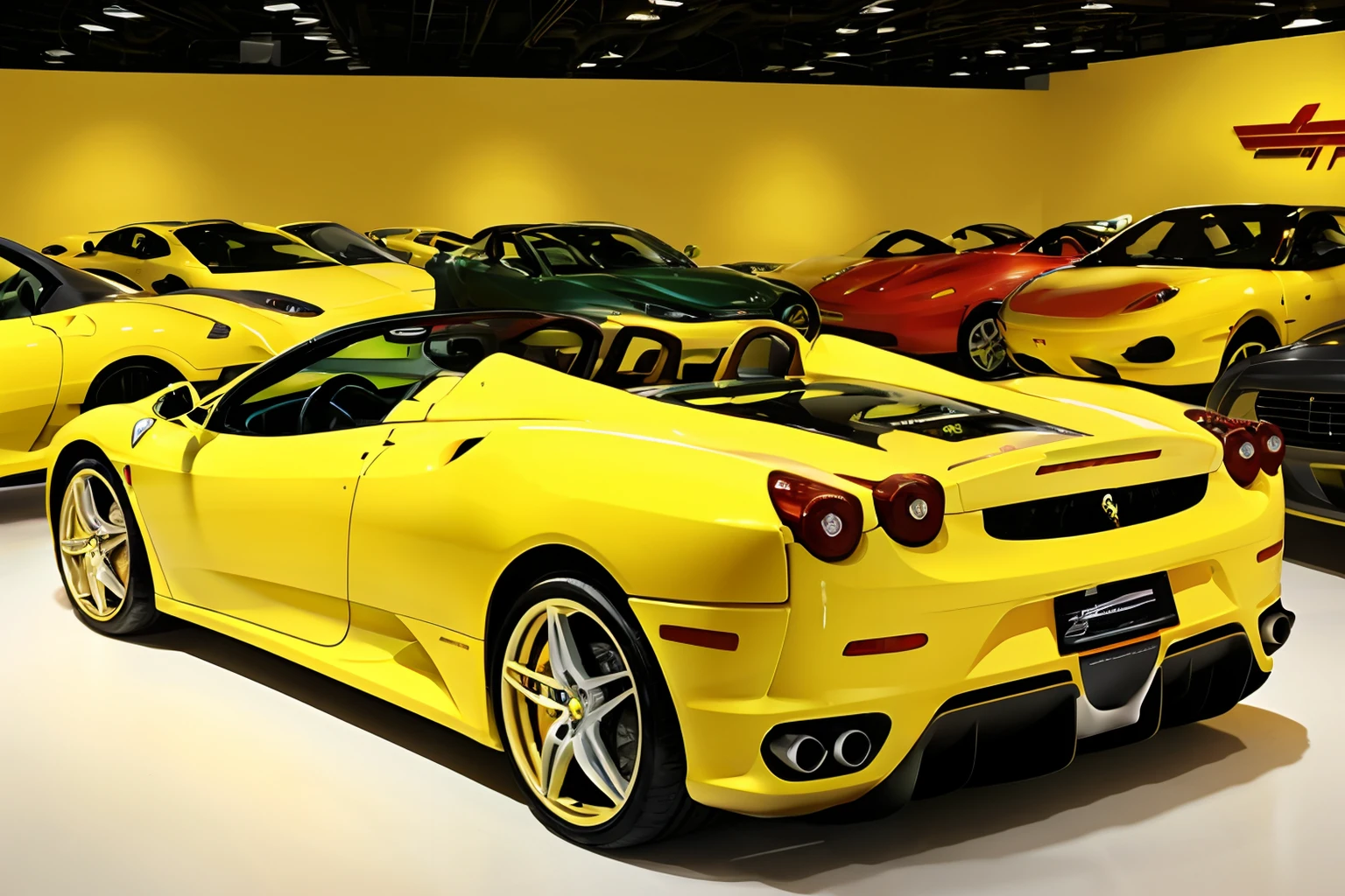 Photo of a yellow Ferrari F430  parked in a Ferrari dealer showroom <lora:Ferrari_F430_Spider:.7>