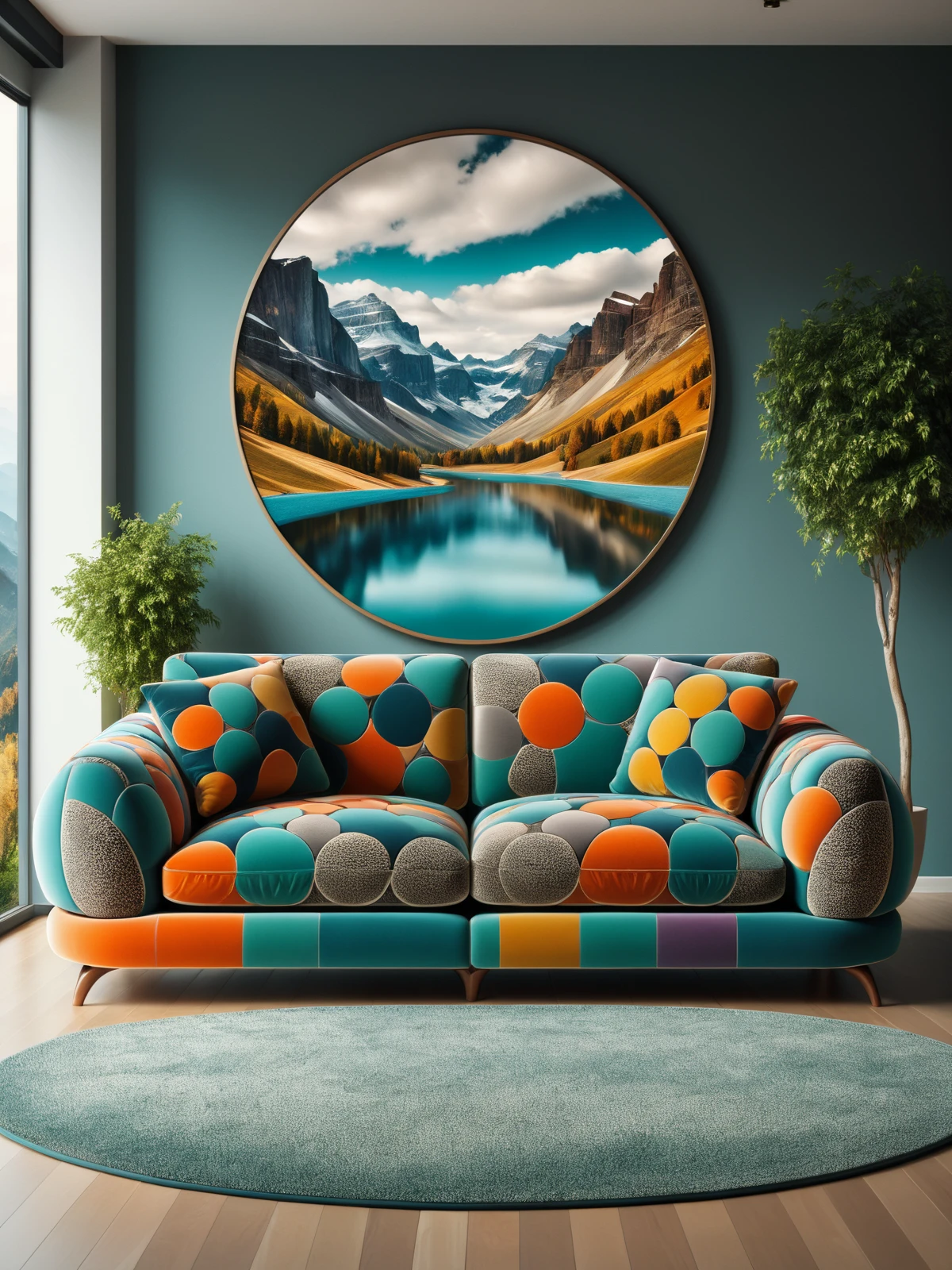 colorful mad-circle sofa in living room, photo of a landscape on the wall <lora:Colorful_Circles_SDXL:0.6>, (masterpiece:1.2), best quality, (hyperdetailed, highest detailed:1.2), high resolution textures