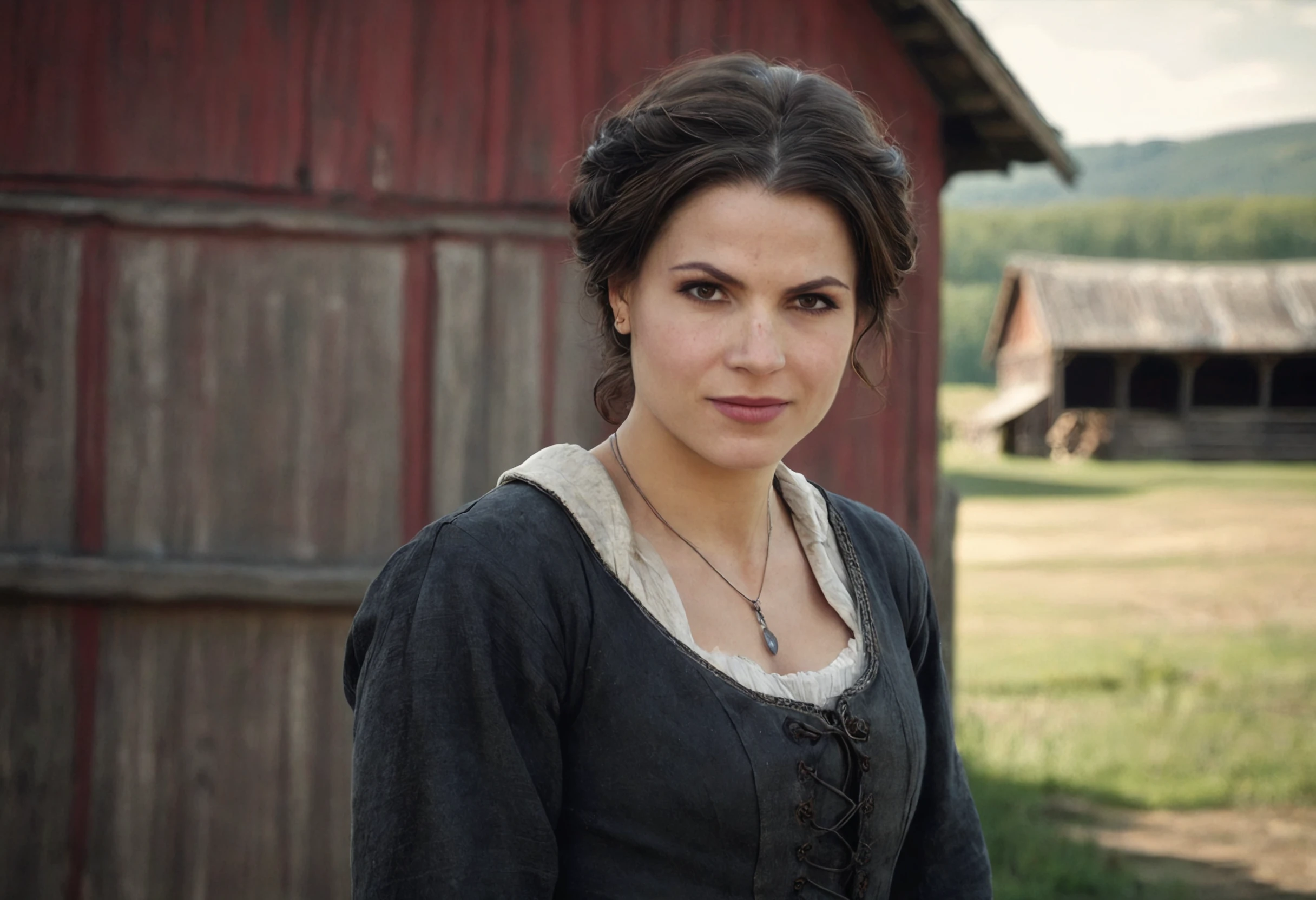 cinematic scene, RgnaEQ, peasant clothes, barn background, sweet, neutral expression, film grain, medium-full shot, looking at viewer