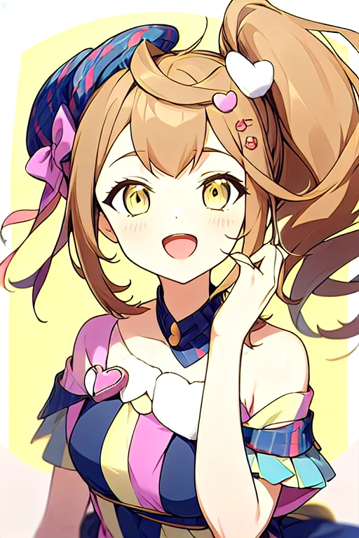 e7idol-sp2, hair ribbon, idol dress, mini hat, heart shaped decoration, 1girl, smile, open mouth, solo, side ponytail, yellow eyes