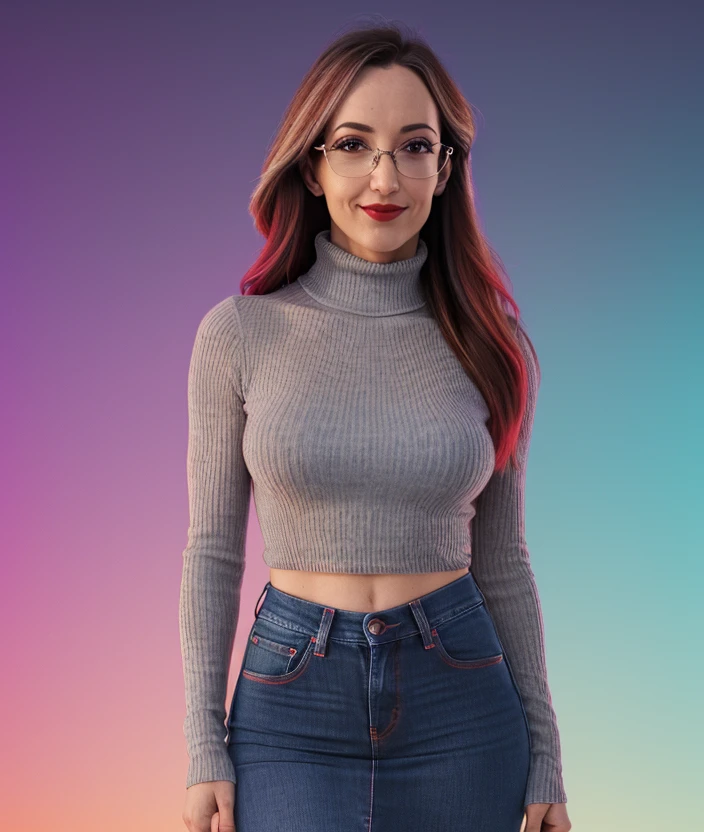 <v3l4t01>,  ((Colorful background)), close portrait photo, Spectacular light, 8k, soft lighting, high quality, breast, top, Mini-skirt, upper body, (Turtleneck), Turtleneck, smile, jeans, Colorful background, Colorful background