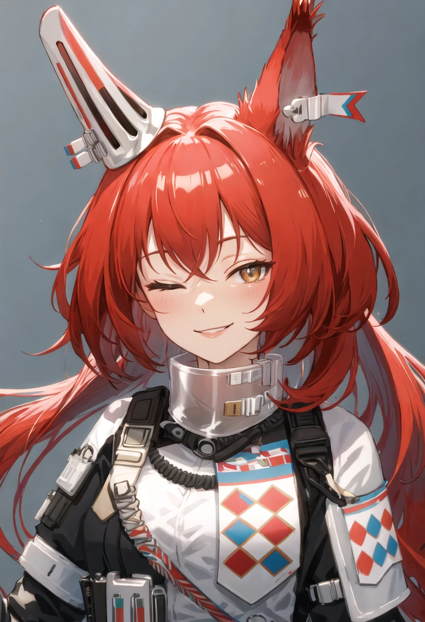 best quality, masterpiece, highres, solo, {flametail_arknights:0.90}, smile, happy, one_eye_closed, portrait, looking at viewer