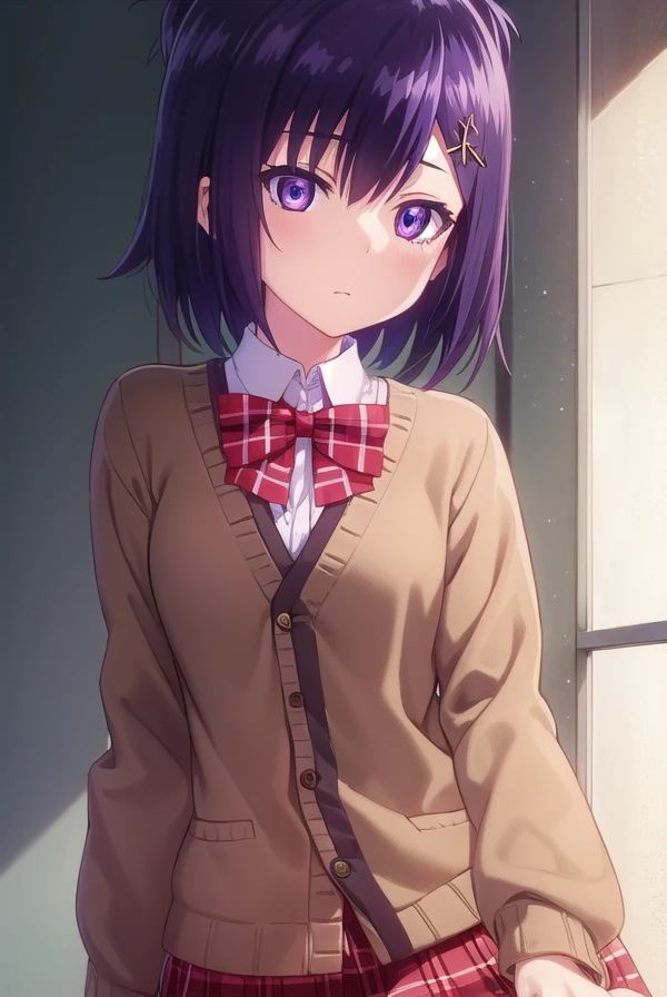 vignettetsukinoseapril, <lora:vignette tsukinose april s1-lora-nochekaiser:1>,
vignette tsukinose april, short hair, hair ornament, (purple eyes:1.1), purple hair, hairclip, x hair ornament, topknot,
BREAK skirt, shirt, bow, school uniform, pleated skirt, bowtie, red bow, plaid, red skirt, plaid skirt, cardigan, brown cardigan,
BREAK indoors, classroom,
BREAK looking at viewer, (cowboy shot:1.5),
BREAK <lyco:GoodHands-beta2:1>, (masterpiece:1.2), best quality, high resolution, unity 8k wallpaper, (illustration:0.8), (beautiful detailed eyes:1.6), extremely detailed face, perfect lighting, extremely detailed CG, (perfect hands, perfect anatomy),