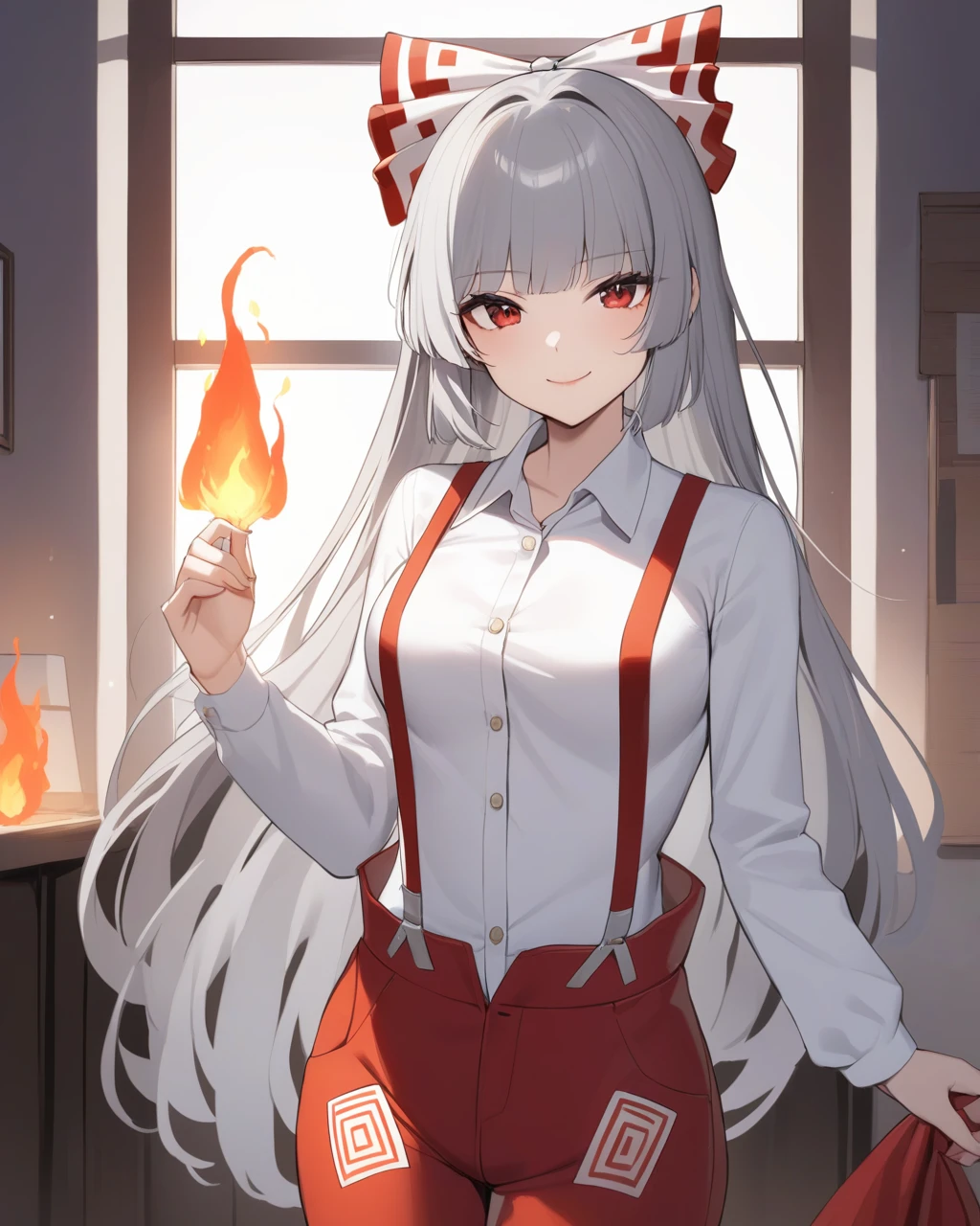 masterpiece,best quality,<lora:dongfangv1-000008:1>,no_mokou_touhou, 1girl, solo, suspenders, looking_at_viewer, long_sleeves, grey_hair, red_pants, smile, cowboy_shot, white_shirt, lips, closed_mouth, white_bow, ofuda_on_clothes, holding, window, collared_shirt, standing, buttons, flame