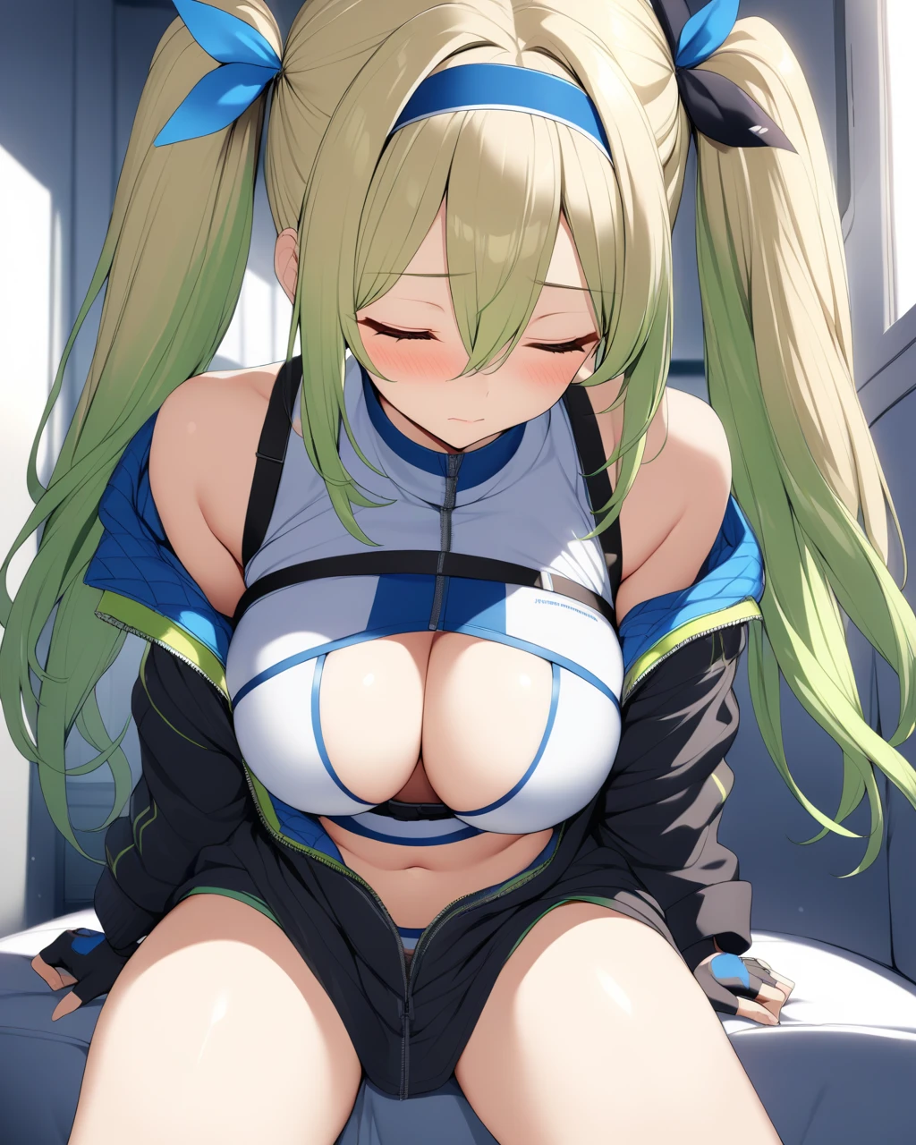 hot、White Breath, gigantic breast, squat,Spread your legs、Hands behind head、Green hair twintails、Latex Cheerleader、mini skirt、Very wet、Composition looking up from a little below.、Simple Background、White panties、blush、Knee-high socks、sister、Proudly、Big thighs、Big Ass、