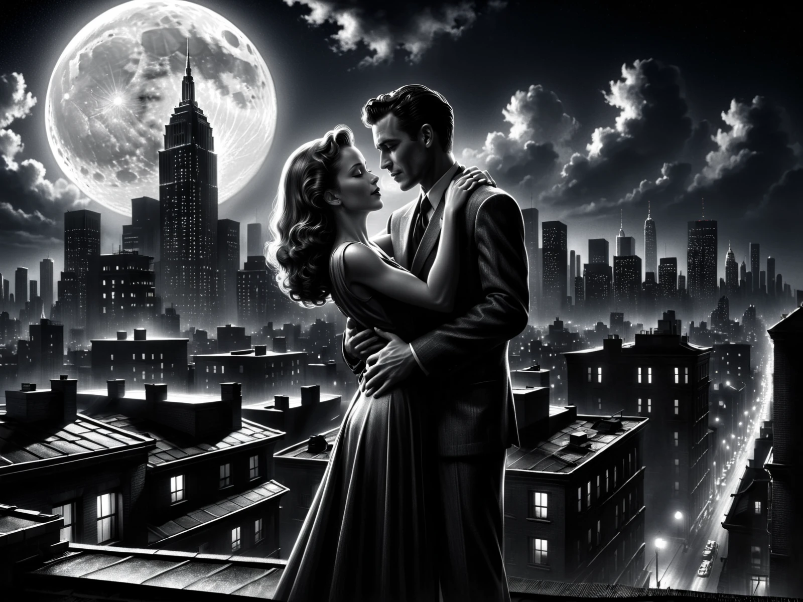 man and woman embracing, rooftop, cityskyline in the background, 1940, noir, night, moon<lora:Sin_City_Movie_Style_SDXL:0.8> mad-sincity, (masterpiece:1.2), best quality, (hyperdetailed, highest detailed:1.2), high resolution textures